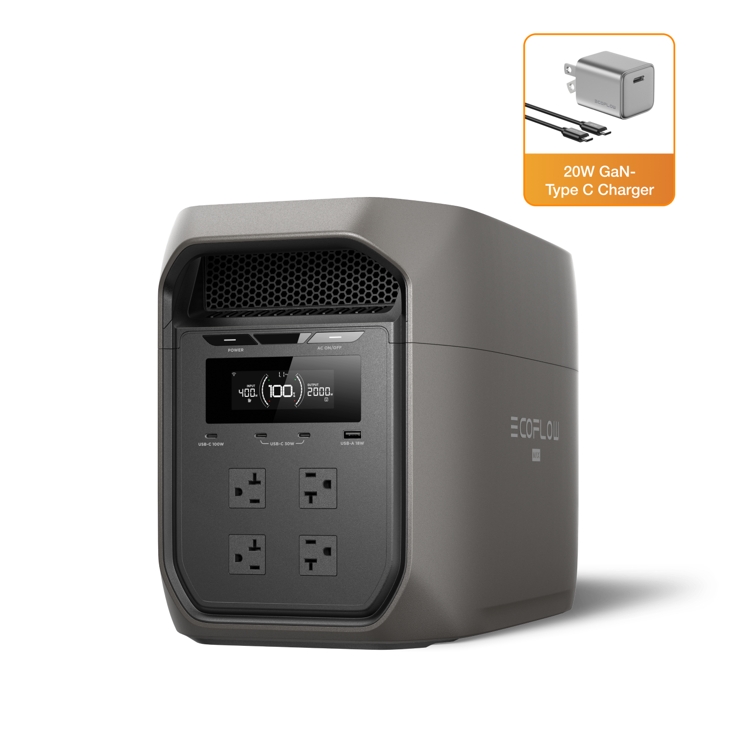 SCOPLOW  
20W GaN- Type C Charger  
POWER  
AC on off  
USSO now  
on IF like ESPN 400. 100 2000. 0 US8-C DOW USID-A ww  
ECOPLOW