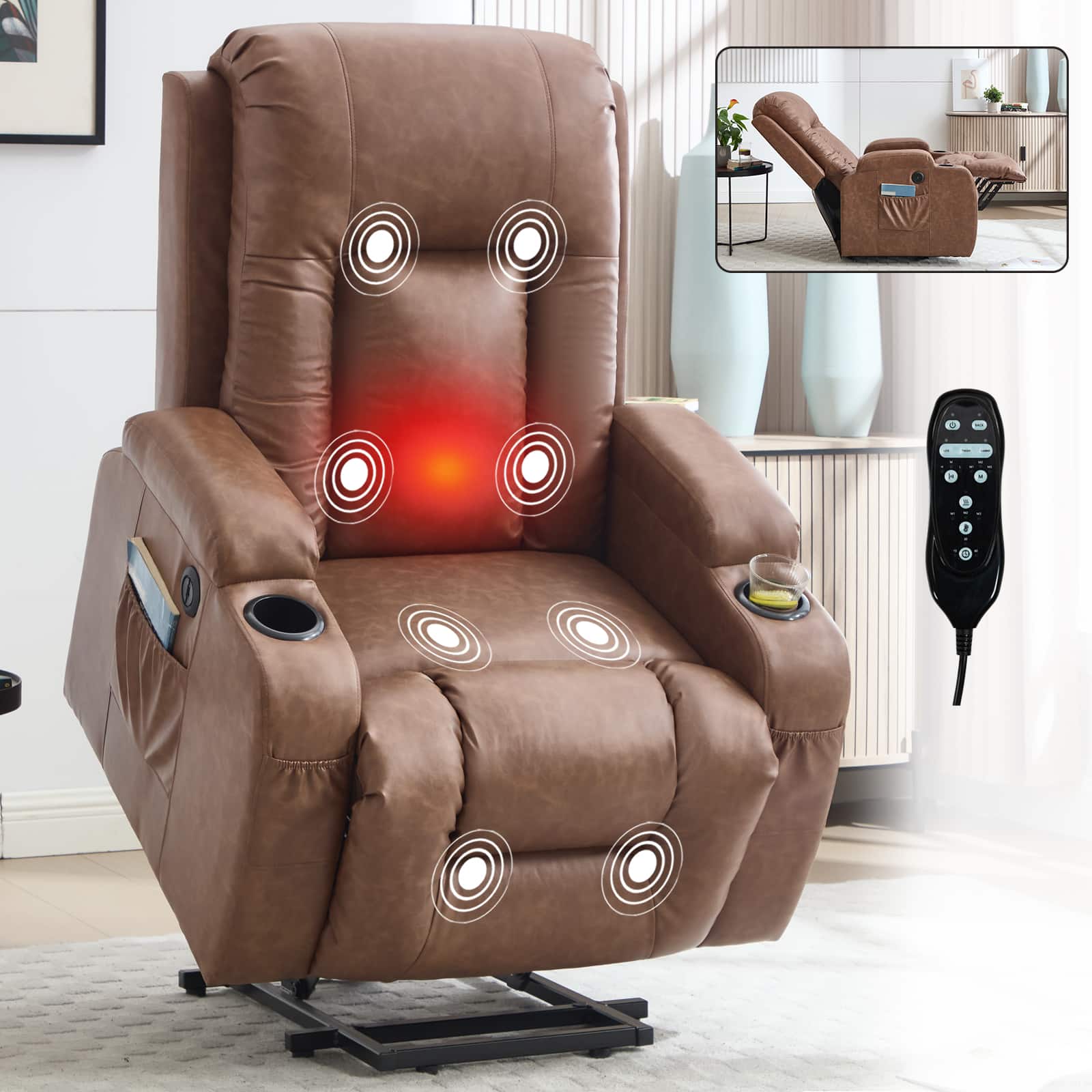 LUCKY ONE - PU Single Motor Power Lift Recliner Chair with Massage and Heat, Infinite Position, USB, Cup Holder - Yellow Brown