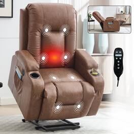 LUCKY ONE - PU Single Motor Power Lift Recliner Chair with Massage and Heat, Infinite Position, USB, Cup Holder - Yellow Brown