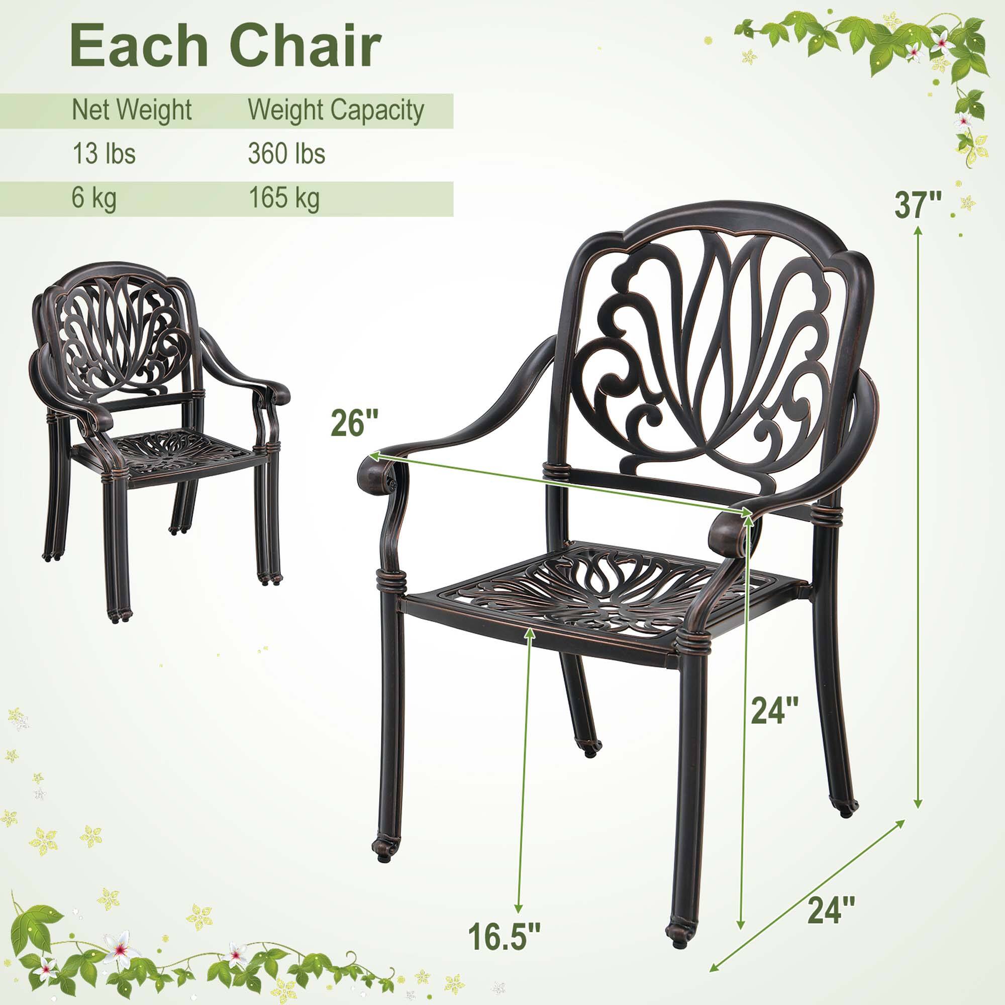 Each Chair
Net Weight: 13 lbs, 6 kg
Weight Capacity: 360 lbs, 165 kg
Dimensions: 37", 26", 24", 16.5", 24"