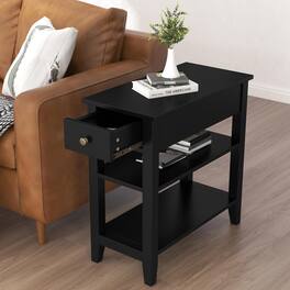 JETRANSPORT - Side Table Living Room Narrow End With Drawer And Shelf 3-tier Sofa For Small Space White Brown - Ink Black 1