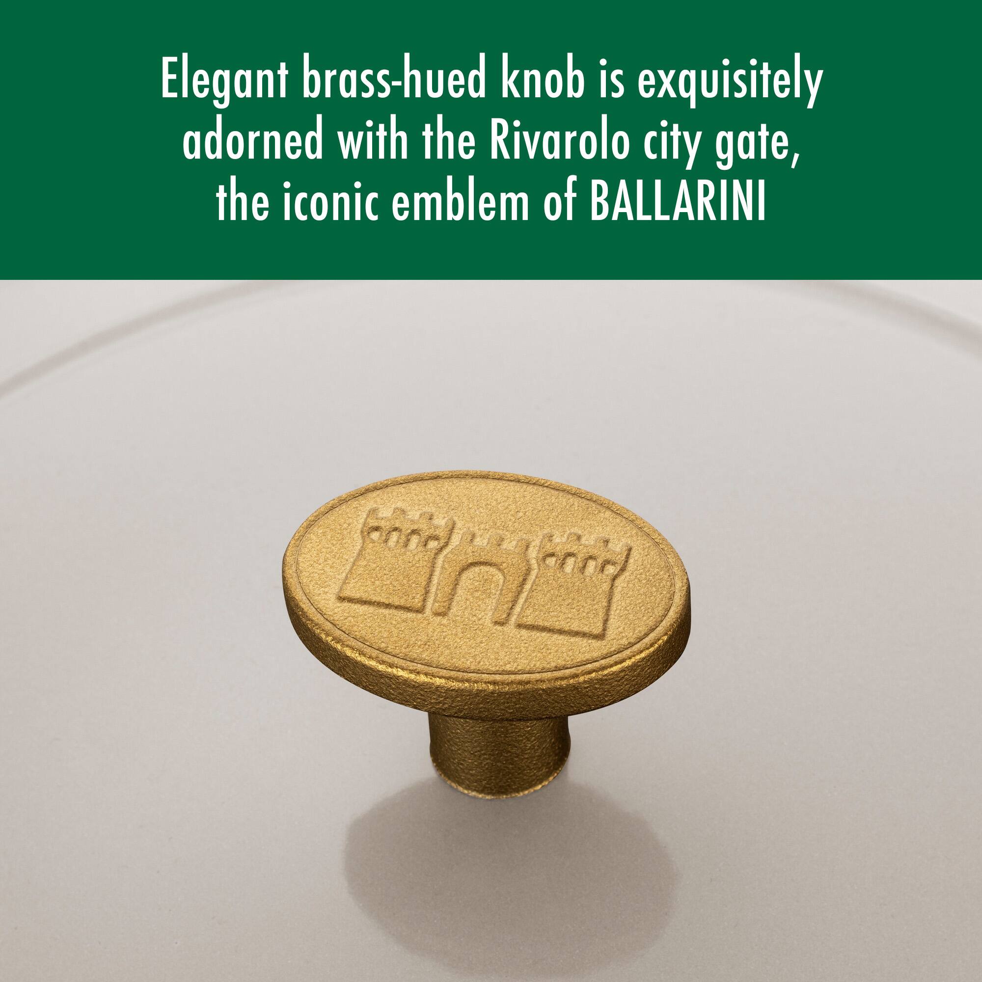 Elegant brass-hued knob is exquisitely adorned with the Rivarolo city gate, the iconic emblem of BALLARINI