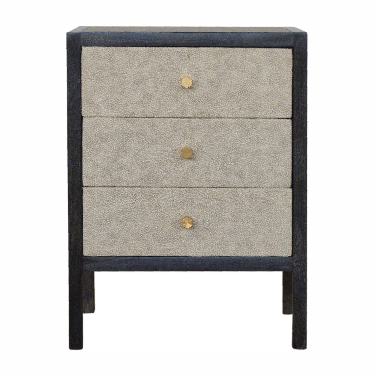 Artisan Furniture - Solid Wood Faux Leather Nightstand, 3 Drawers, Grey and Black - Ash Black