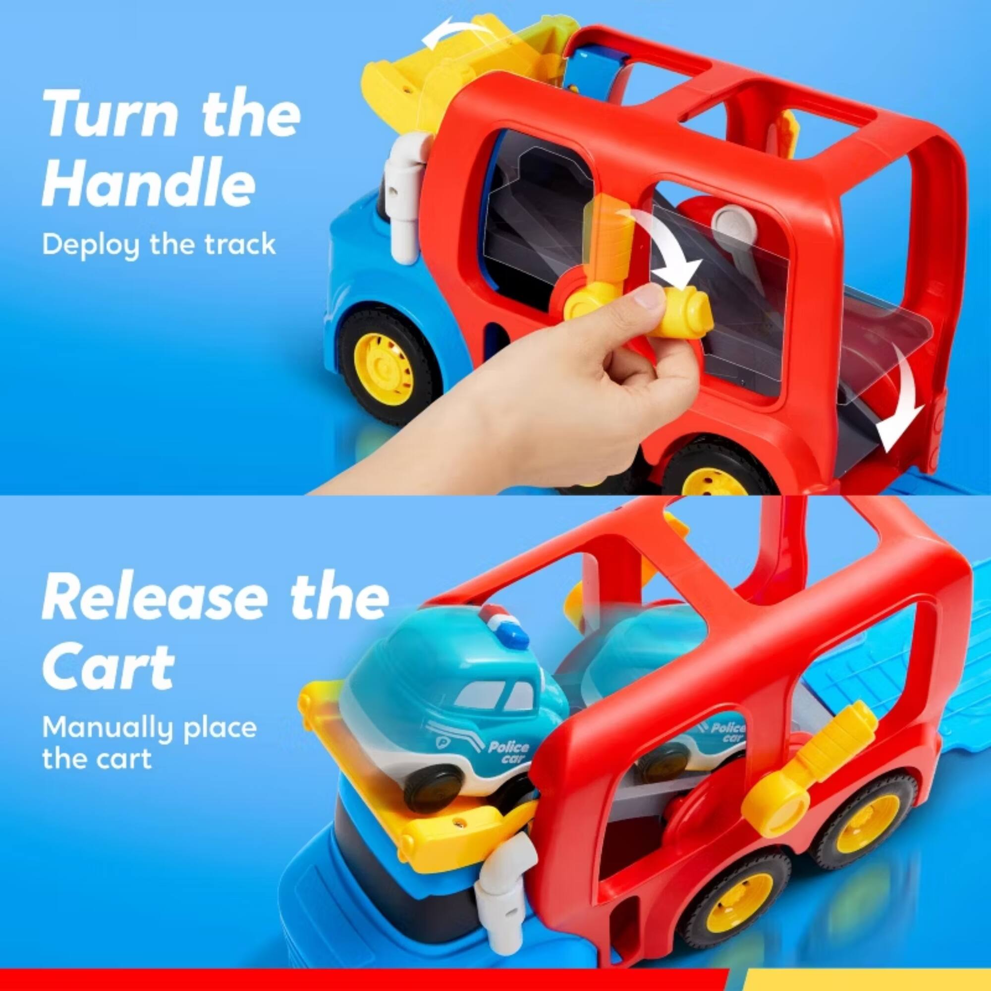 Turn the Handle  
Deploy the track  

Release the Cart  
Manually place the cart
