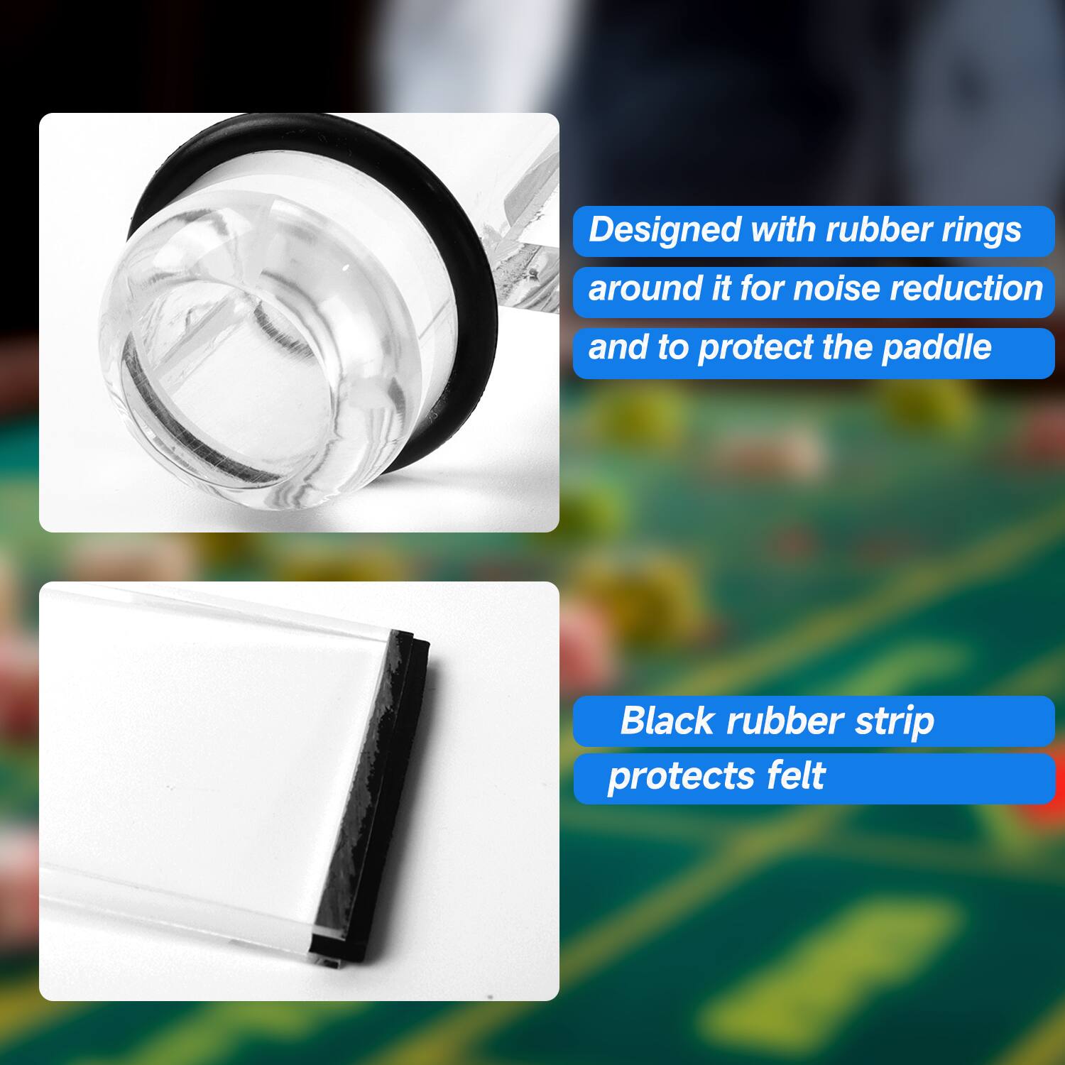 Designed with rubber rings around it for noise reduction and to protect the paddle, Black rubber strip protects felt.
