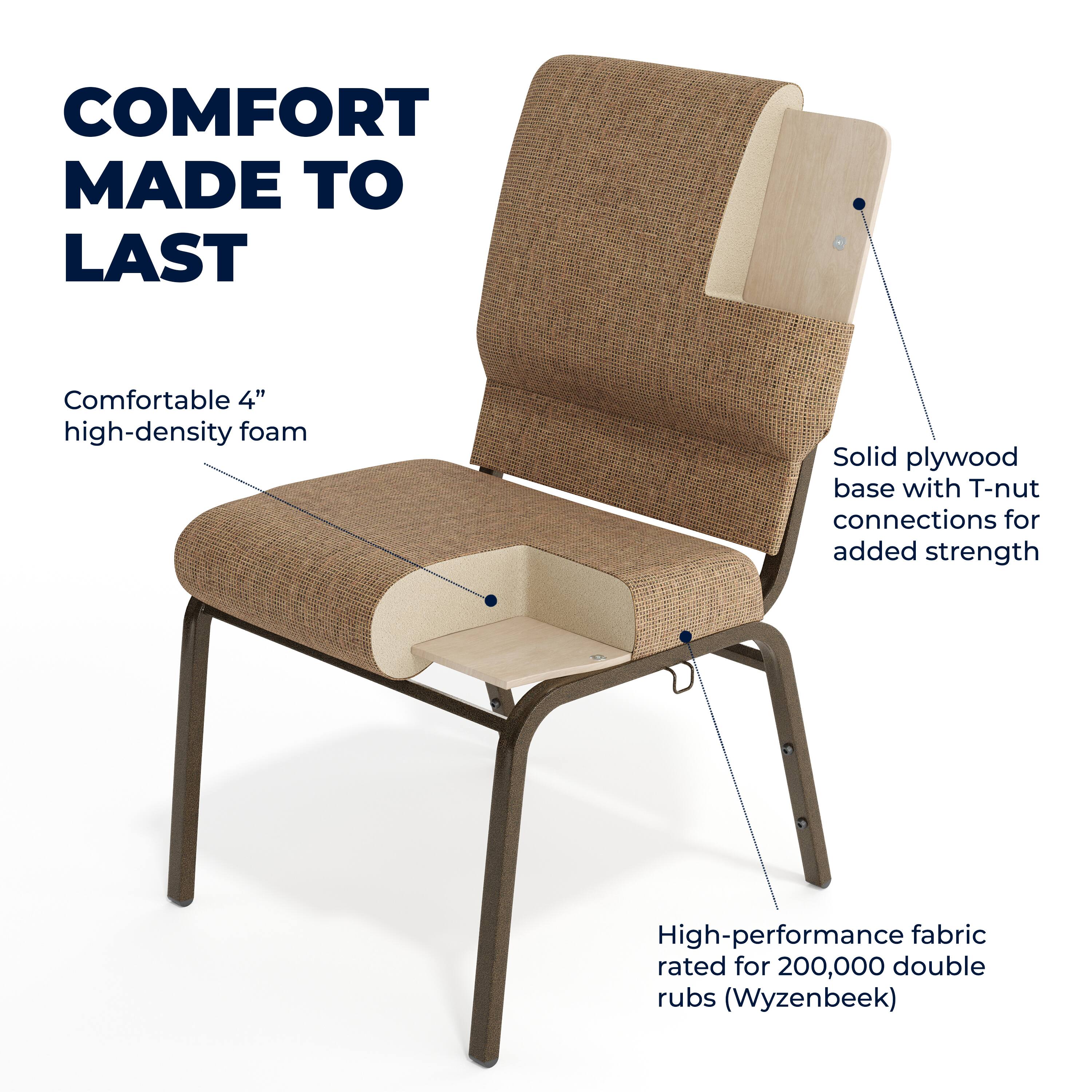COMFORT MADE TO LAST

Comfortable 4" high-density foam

Solid plywood base with T-nut connections for added strength

High-performance fabric rated for 200,000 double rubs (Wyzenbeek)