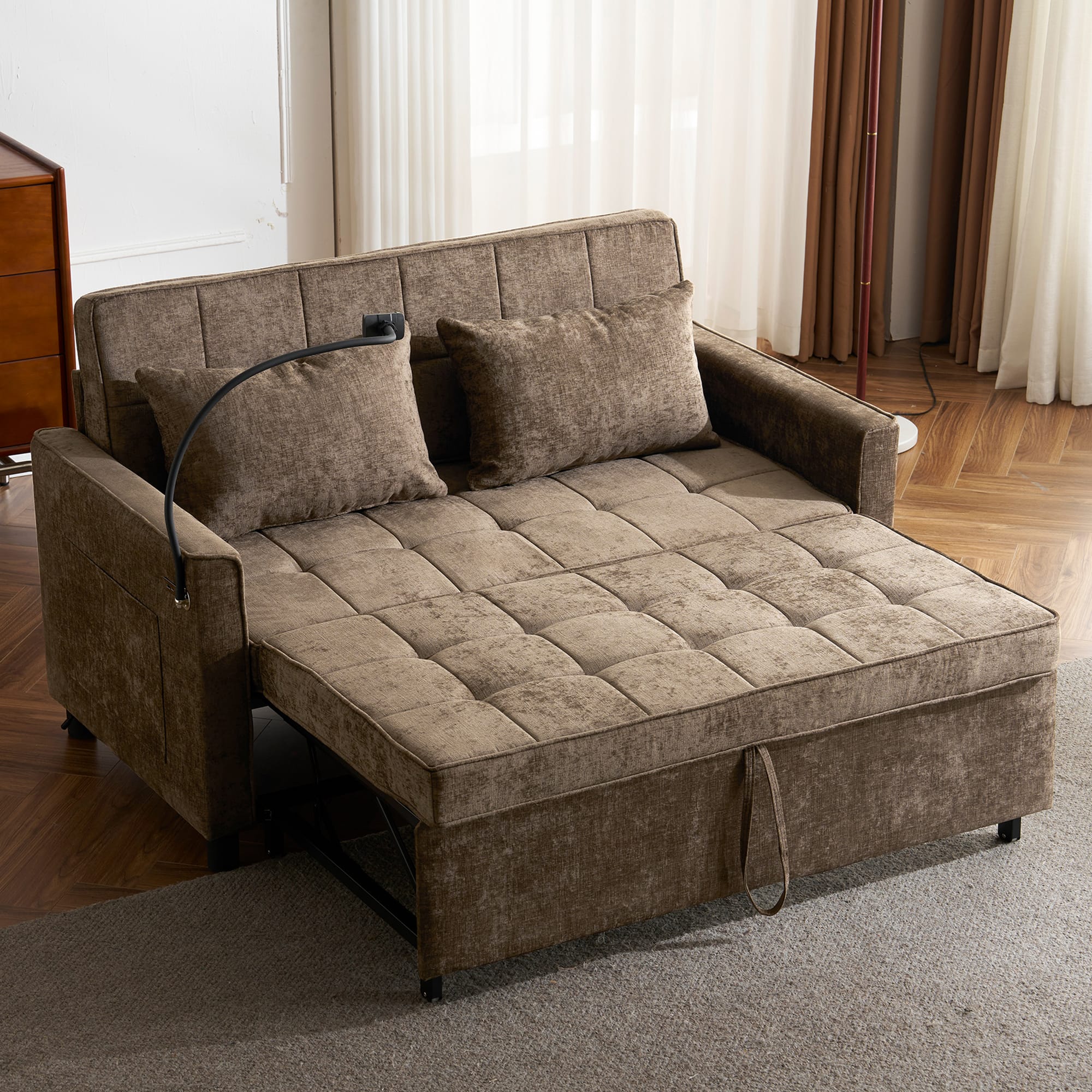 Anysun - 56.9" Loveseat Pull-Out Sofa Bed with USB Ports - Reversible Cushion, Side Pockets & Phone Holder for Living Room - Brown