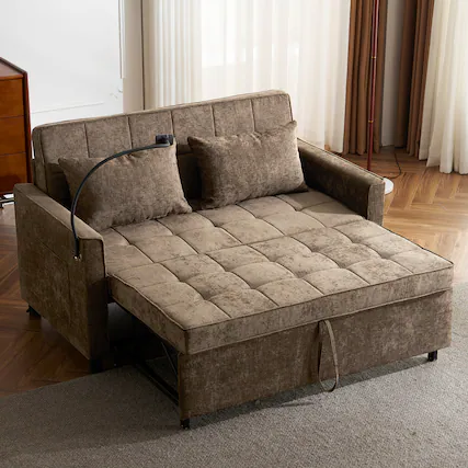Front. Anysun - 56.9" Loveseat Pull-Out Sofa Bed with USB Ports - Reversible Cushion, Side Pockets & Phone Holder for Living Room - Brown.