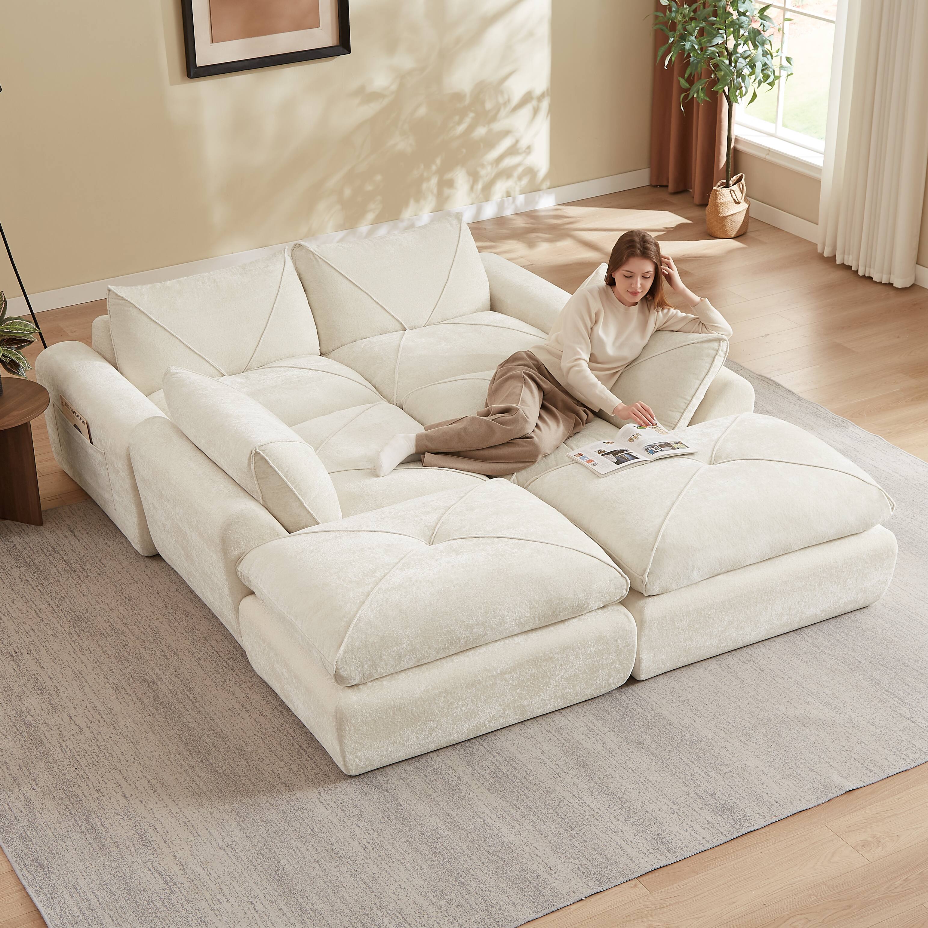 Alt View 2. Loheer - Loheer Modern Minimalist Chenille Sectional Sofa with Ottoman Oversized Living Room Couch - Beige.