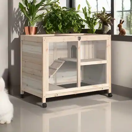 Front. Pefilos - 36" Rabbit Hutch with Wheels, Removable Tray and Openable Top, Wooden Bunny House.