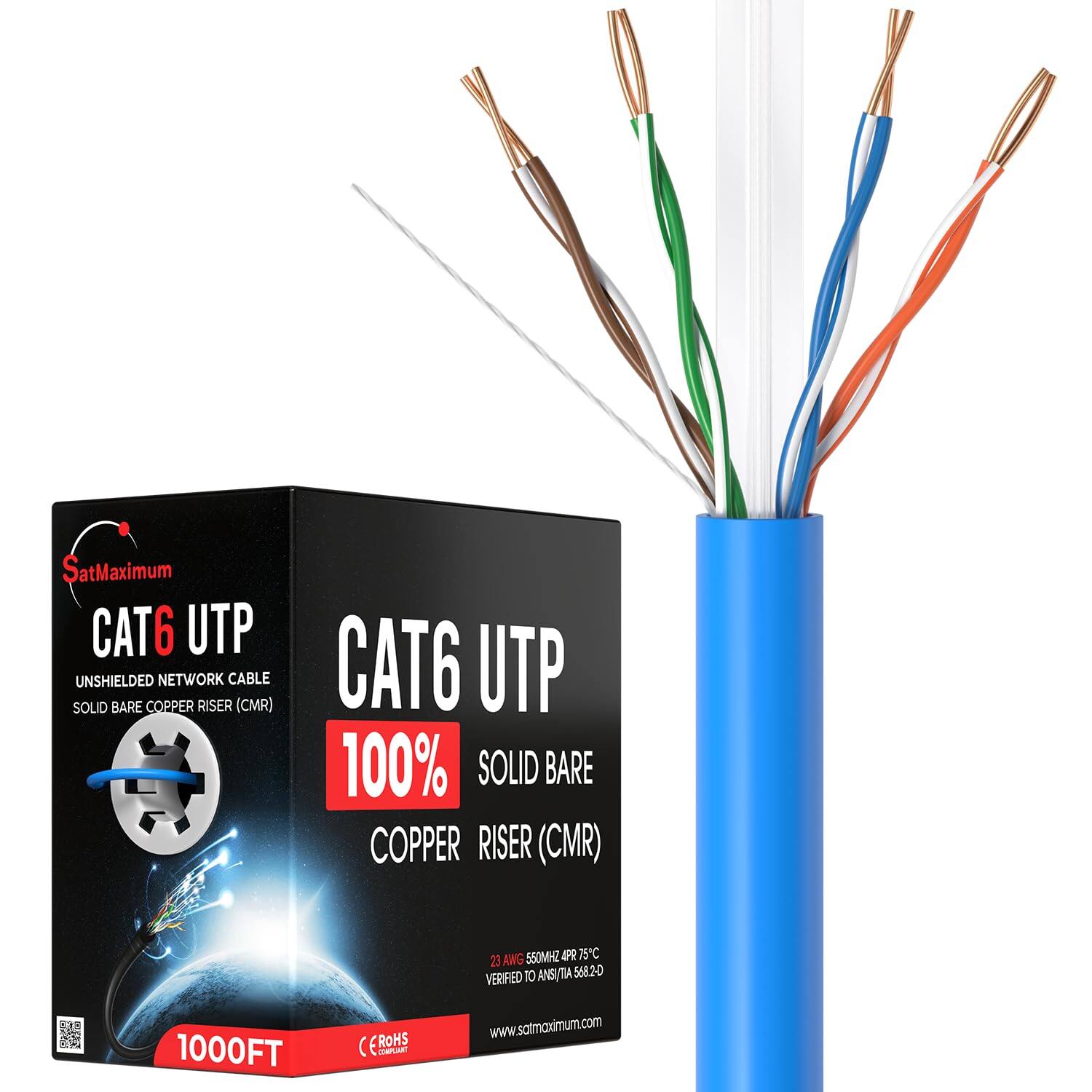 SatMaximum CAT6 UTP UNSHIELDED NETWORK CABLE SOLID BARE COPPER RISER (CMR)  
CAT6 UTP 100% SOLID BARE COPPER RISER (CMR)  
AWG 550MHZ 4PR 75C 23  
VERIFIED TO ANSI/TIA 568.20  
1000FT  
www.satmaximum.com