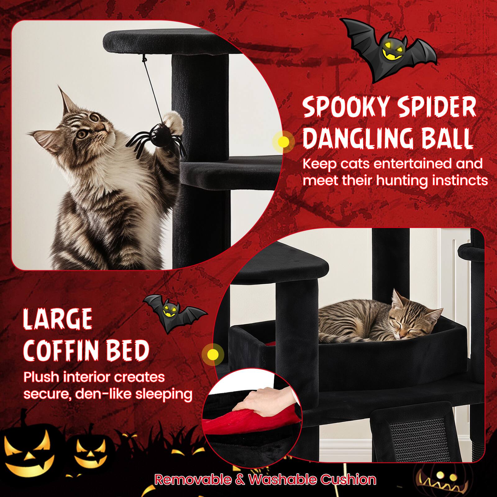 SPOOKY SPIDER DANGLING BALL  
Keep cats entertained and meet their hunting instincts

LARGE COFFIN BED  
Plush interior creates secure, den-like sleeping

Removable & Washable Cushion