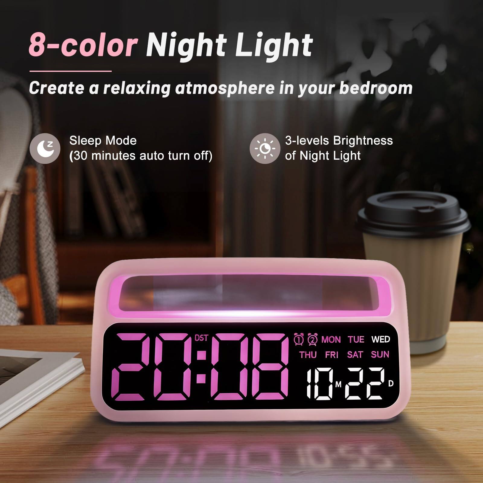 8-color Night Light  
Create a relaxing atmosphere in your bedroom  

Sleep Mode (30 minutes auto turn off)  
3-levels Brightness of Night Light  

20:08  
DST  
MON TUE WED THU FRI SAT SUN  
10m 22d