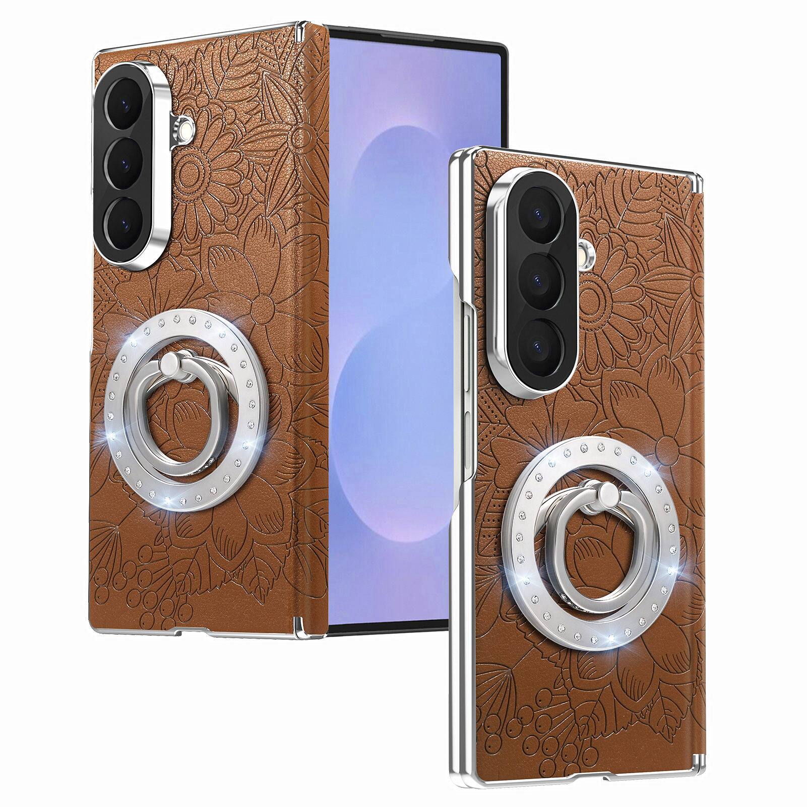 Angle. Dteck - Shockproof Leather Texture Case for Samsung Galaxy Z Fold8 Ultra with Ring Stand, Magnetic Rigid Plastic Hinge Cover - Brown.