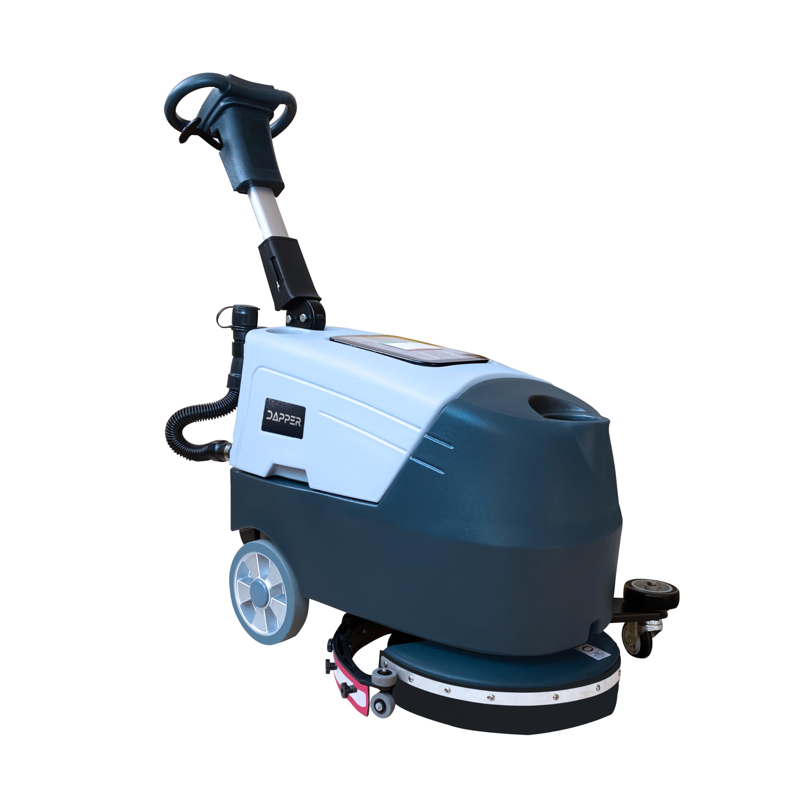 Angle. Dapper Supply - Battery Powered Scrubber Machine 16 Inch Brush 21.5 Inch Squeegee 6.5 Gallon Tank 200 RPM 3 Pads - Grey.