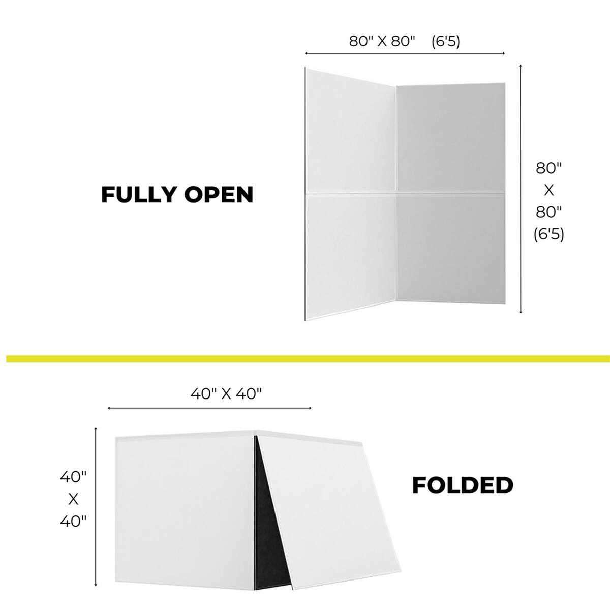 80" X 80" (6'5") FULLY OPEN  
80" X 80" (6'5")  
40" X 40"  
40" X 40" FOLDED