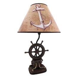 Zeckos - `Captain`s Destiny` Ship`s Wheel Nautical Boat Table Lamp Anchor Shade - Brown