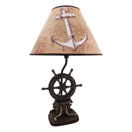 Front. Zeckos - `Captain`s Destiny` Ship`s Wheel Nautical Boat Table Lamp Anchor Shade - Brown.