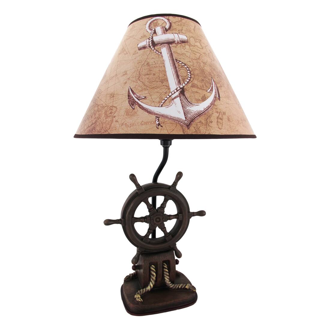 Front. Zeckos - `Captain`s Destiny` Ship`s Wheel Nautical Boat Table Lamp Anchor Shade - Brown.