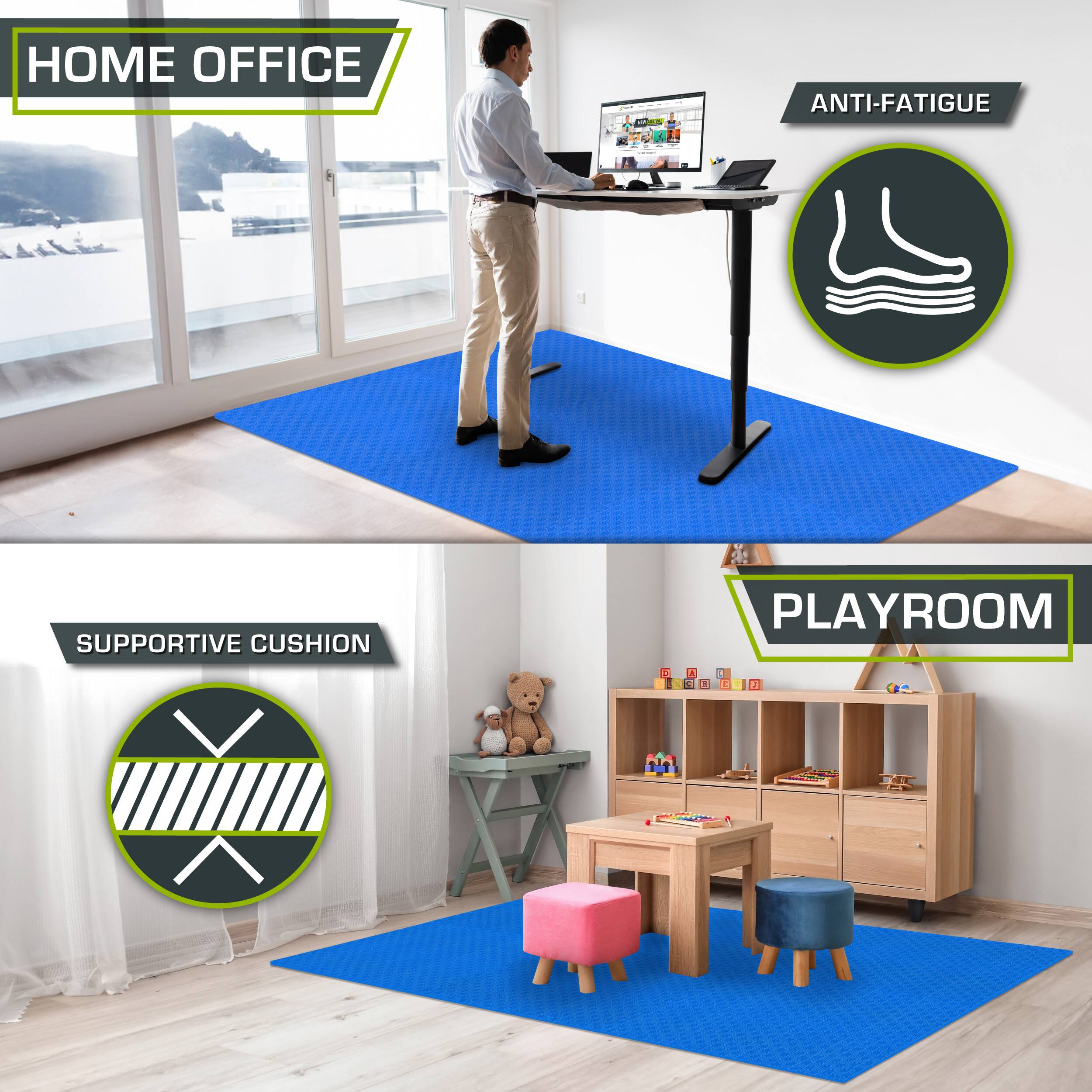 The text in the image can be grouped and corrected as follows:

1. **Home Office**
   - Anti-Fatigue

2. **Playroom**
   - Supportive Cushion

The text "14" appears to be a size or model number, but it's unclear from the context.