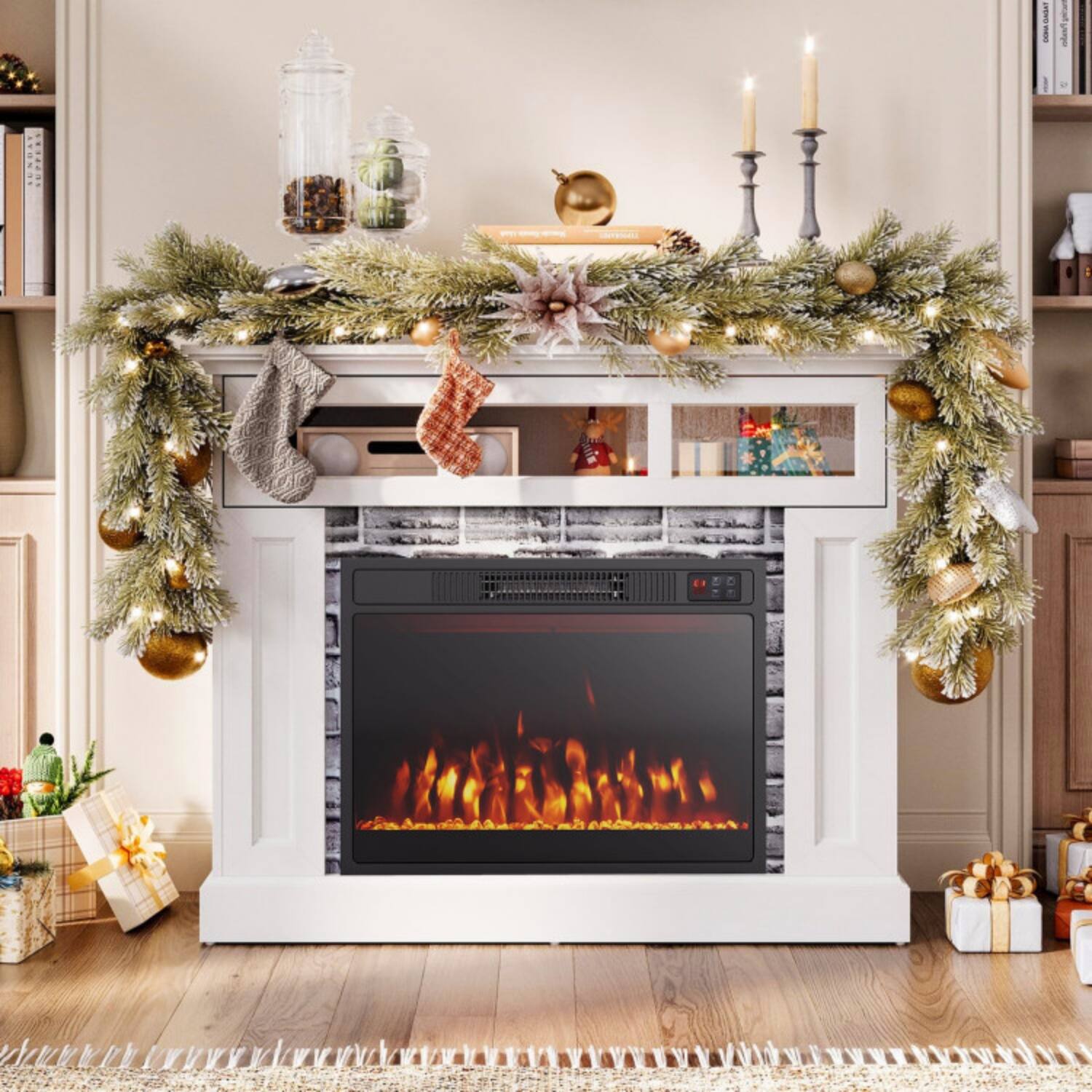 Angle. LUCKY ONE - 23 Inch Freestanding/Recessed Electric Fireplace with 3 Flame Colors & 3 Brightness - Black.