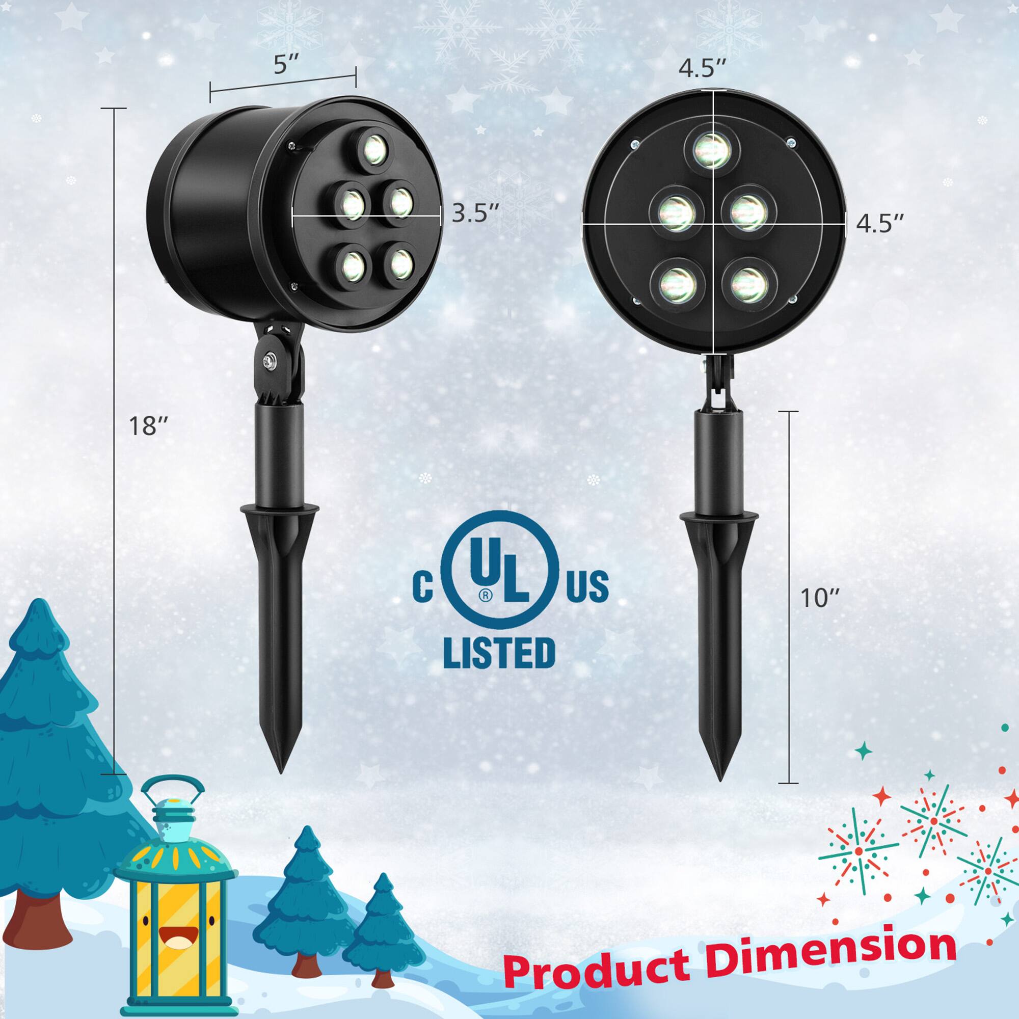 Product Dimension

- 5" (height of the first light)
- 3.5" (diameter of the first light)
- 18" (length of the first light stand)
- 4.5" (diameter of the second light)
- 10" (length of the second light stand)

UL Listed
C UL US