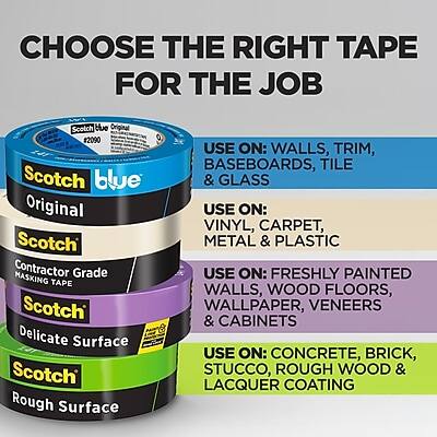 CHOOSE THE RIGHT TAPE FOR THE JOB

Scotch Blue Original #2090  
USE ON: WALLS, TRIM, BASEBOARDS, TILE & GLASS

Scotch Contractor Grade Masking Tape  
USE ON: VINYL, CARPET, METAL & PLASTIC

Scotch Delicate Surface  
USE ON: FRESHLY PAINTED WALLS, WOOD FLOORS, WALLPAPER, VENEERS & CABINETS

Scotch Rough Surface  
USE ON: CONCRETE, BRICK, STUCCO, ROUGH WOOD & LACQUER COATING