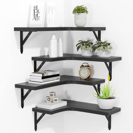 Front. Dazzed Corner - Corner Floating Shelves Wall Mounted Set of 4 - Black.