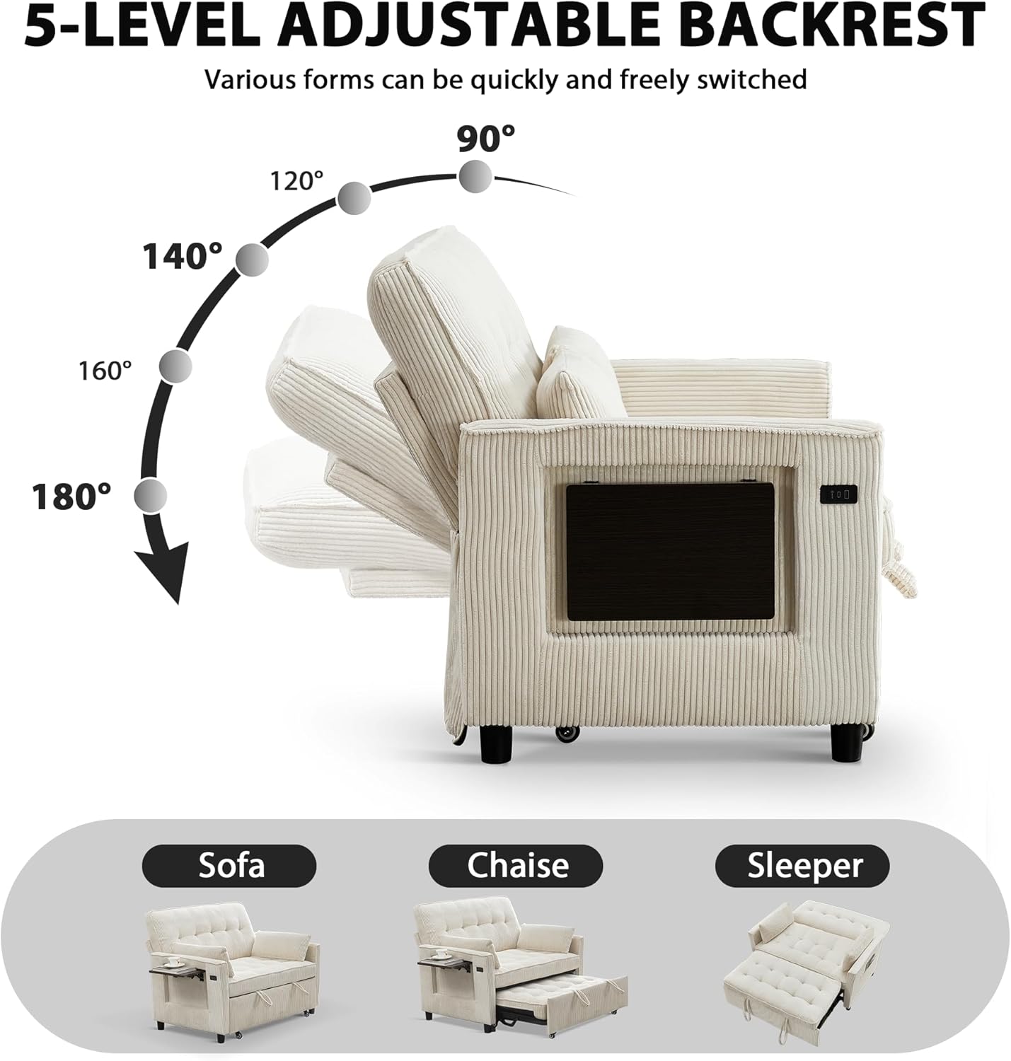 5-LEVEL ADJUSTABLE BACKREST  
Various forms can be quickly and freely switched  

120°  
140°  
160°  
180°  
90°  

Sofa  
Chaise  
Sleeper
