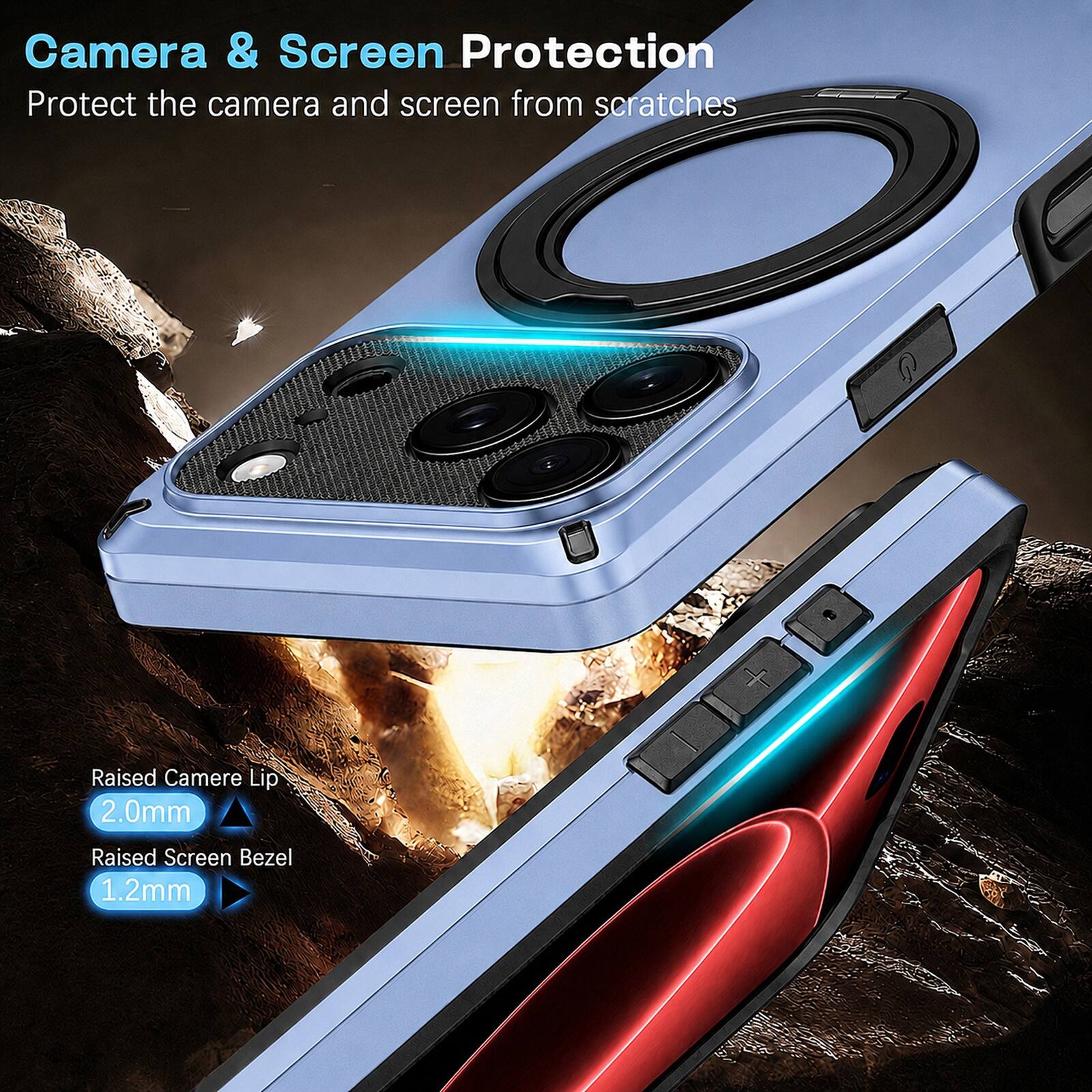 Camera & Screen Protection  
Protect the camera and screen from scratches  

Raised Camera Lip 2.0mm  
Raised Screen Bezel 1.2mm