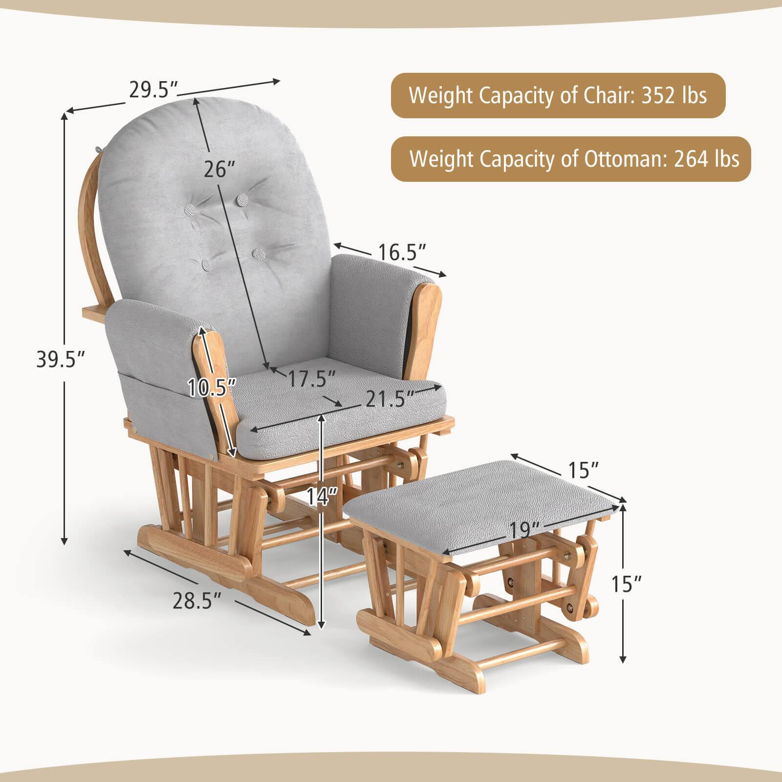 - Weight Capacity of Chair: 352 lbs
- Weight Capacity of Ottoman: 264 lbs

Dimensions:
- Height of Chair: 39.5"
- Height of Ottoman: 15"
- Width of Chair: 29.5"
- Depth of Chair: 26"
- Height of Ottoman: 15"
- Width of Ottoman: 19"
- Depth of Ottoman: 15"
- Armrest Height: 10.5"
- Seat Height: 17.5"
- Backrest Height: 26"
- Seat Depth: 21.5"
- Overall Width: 28.5"
- Overall Depth: 16.5"