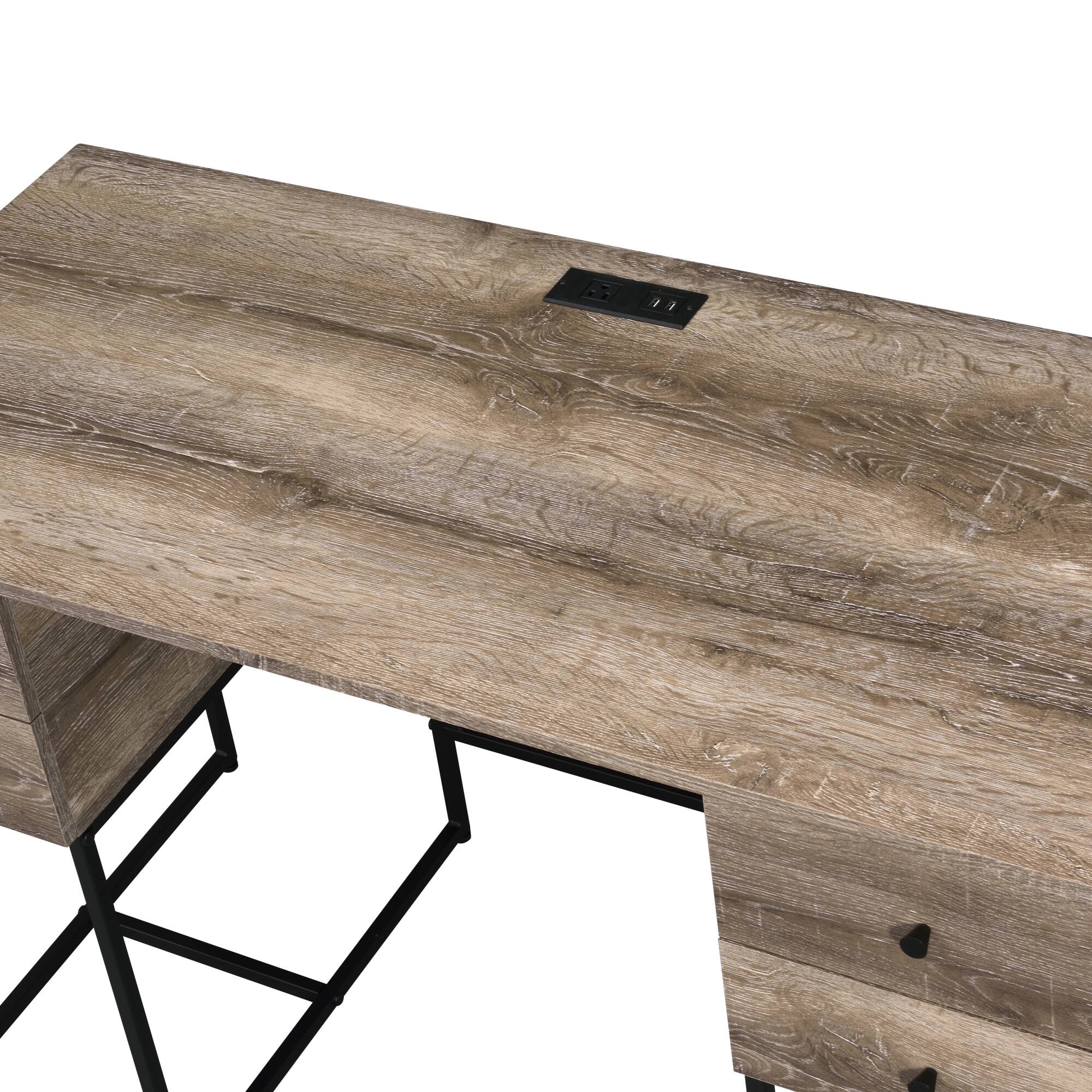 Back. GOODSILO - Rustic Oak and Black Metal Writing Desk with USB Charging Port and Storage Drawers for Home Office - Oak.