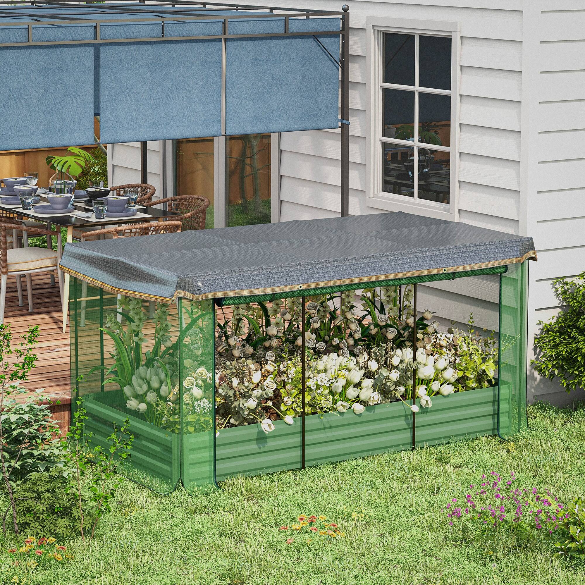 Alt View 1. Outsunny - 7.3 x 3.4 x 1 ft Galvanized Raised Garden Bed with Crop Cage Plant Protection Net and Shade Cloth Roof - Green.