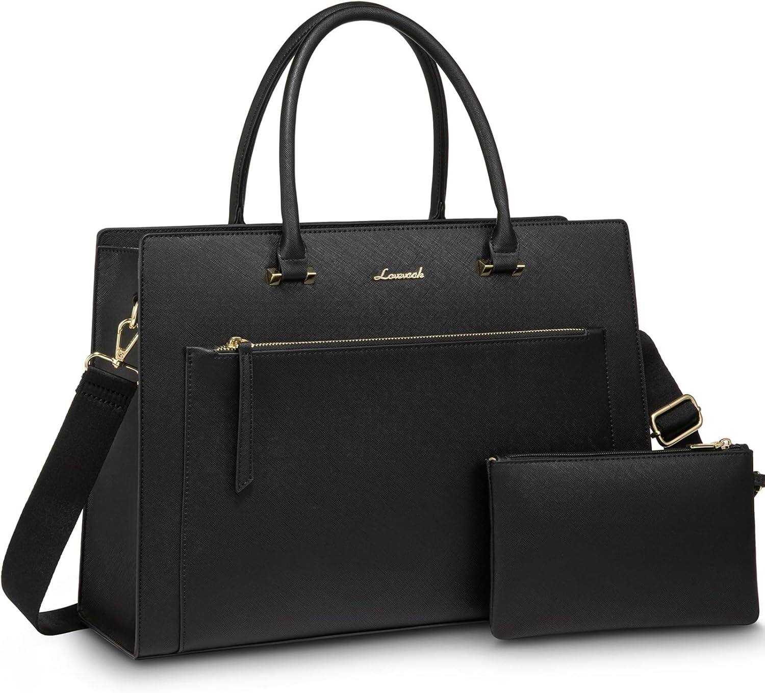 Front. Vulpecula Spade - Laptop Bag for Women 15.6 Inch Black Tote Work Bag Leather Computer Briefcase - Classical Black.