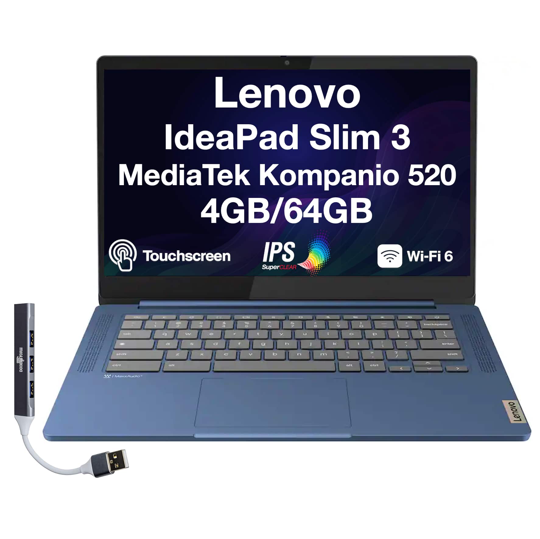 Lenovo - IdeaPad Slim 3 Chromebook(MediaTek Kompanio 520,4GB,64GB SSD,14.0" Touch FHD,Chrome OS)w/Dockztorm USB Hub - Abyss Blue