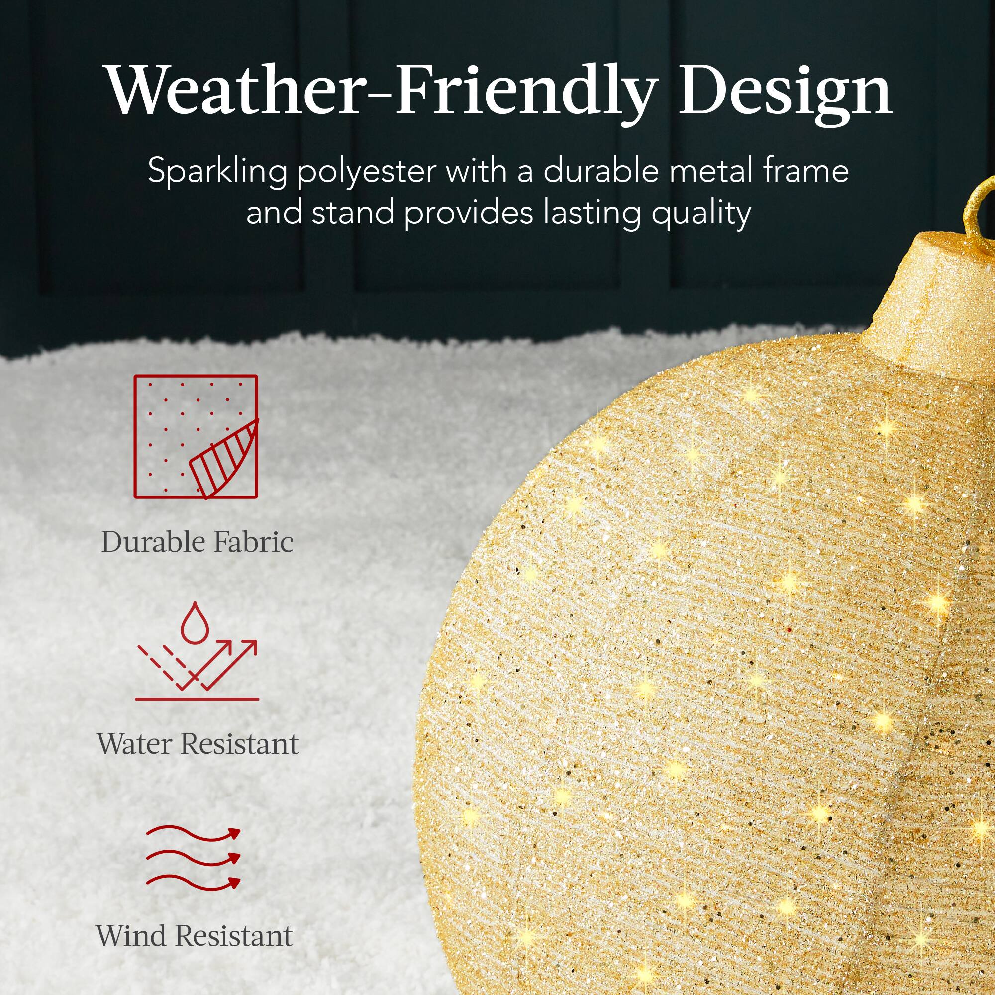 Weather-Friendly Design

Sparkling polyester with a durable metal frame and stand provides lasting quality

- Durable Fabric
- Water Resistant
- Wind Resistant