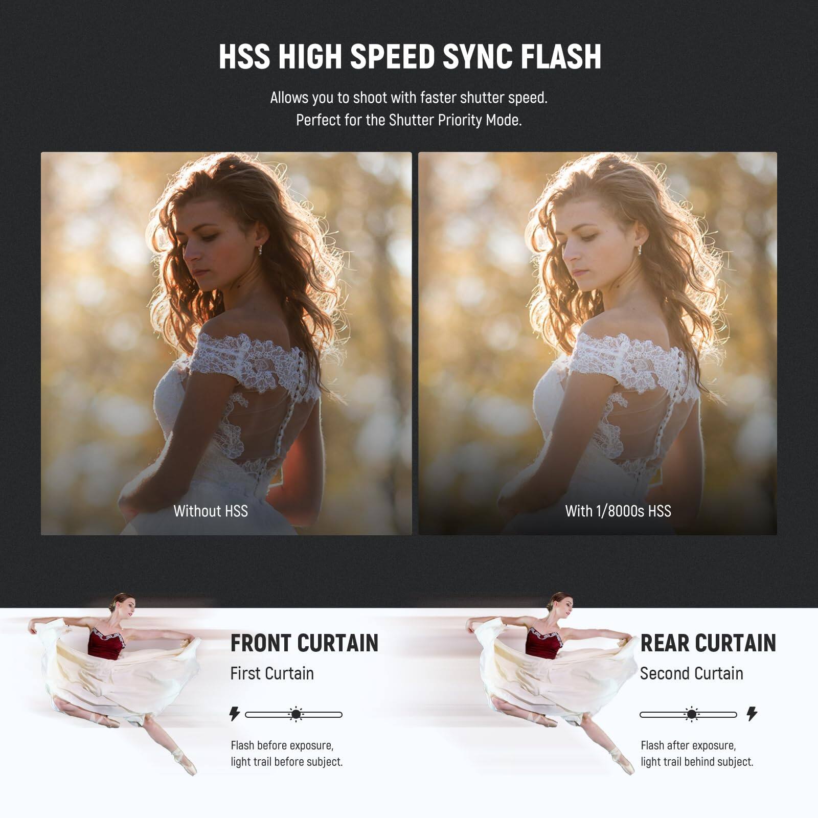 HSS HIGH SPEED SYNC FLASH  
Allows you to shoot with faster shutter speed. Perfect for the Shutter Priority Mode.  

Without HSS  
With 1/8000s HSS  

FRONT CURTAIN  
First Curtain  
Flash before exposure, light trail before subject.  

REAR CURTAIN  
Second Curtain  
Flash after exposure, light trail behind subject.