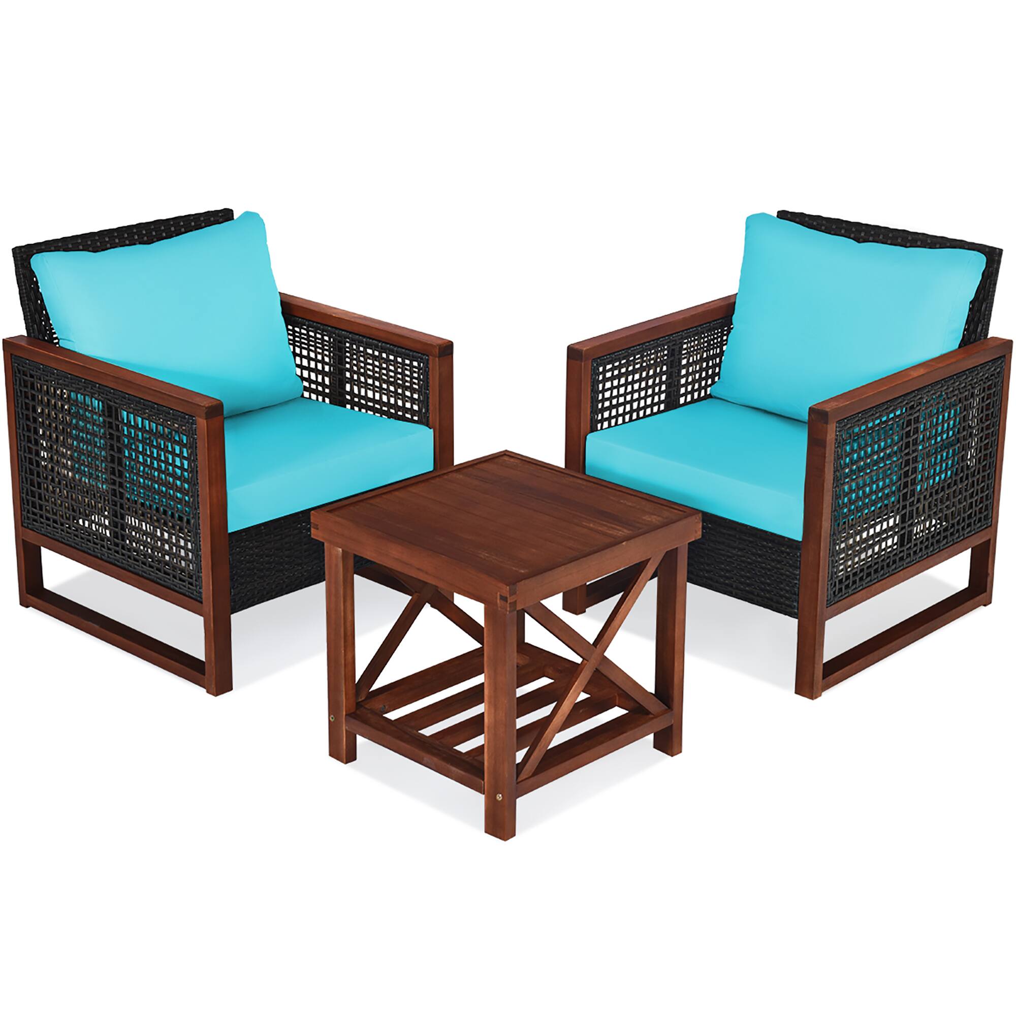 Costway - 3PCS Patio Wicker Furniture Set Solid Wood Frame Cushion Sofa w/ Square Table Shelf - Turquoise