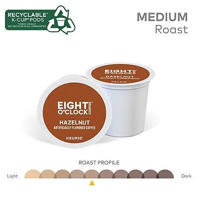 RECYCLABLE K-CUP PODS  
NOT RECYCLED IN ALL COMMUNITIES  

MEDIUM Roast  

EIGHT O'CLOCK  
HAZELNUT  
ARTIFICIALLY FLAVORED COFFEE  
KEURIG®  

ROAST PROFILE  
Light  
Dark