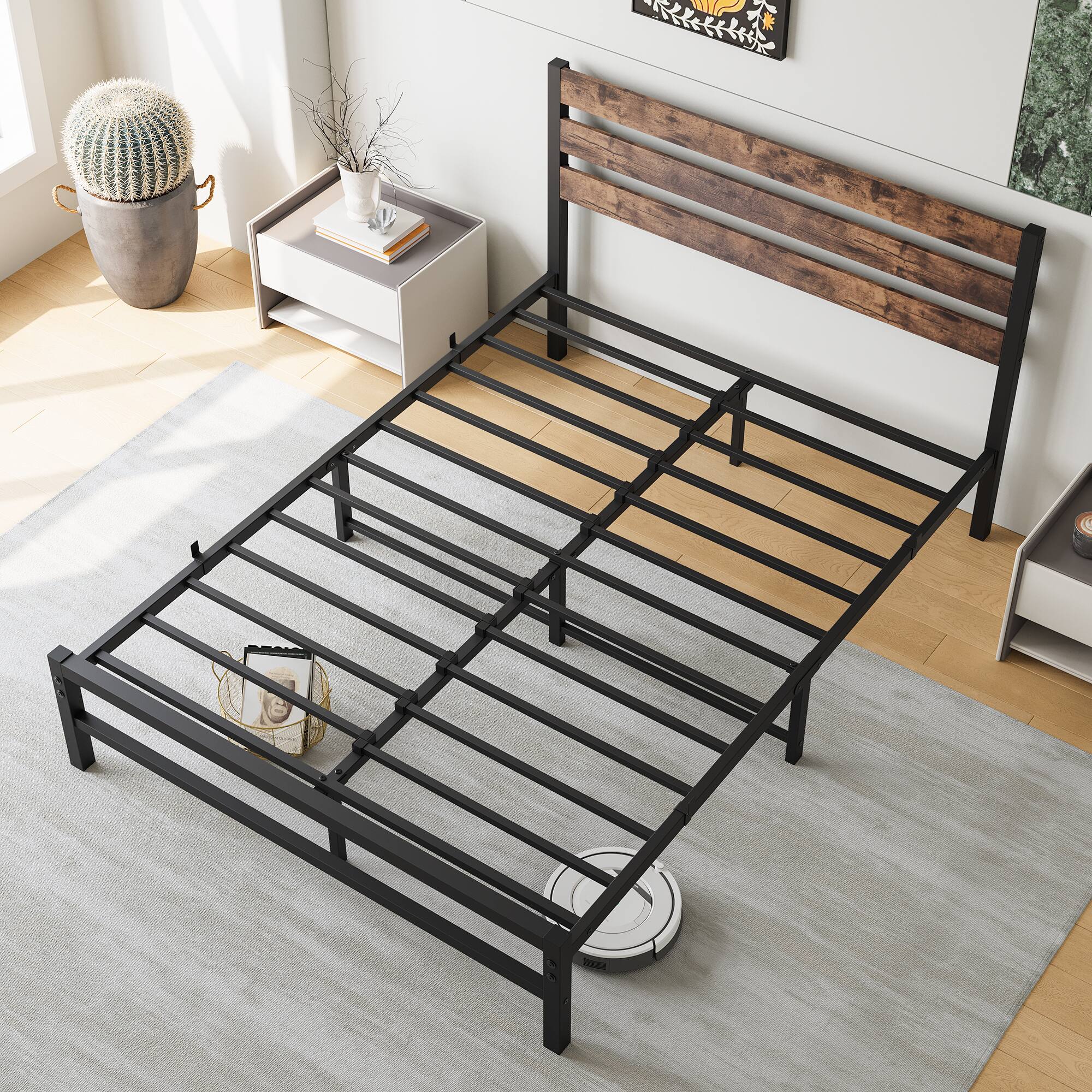 Alt View 8. Ecooso - Full Size Platform Bed Frame with Wood Headboard, Strong Metal Slats Support Mattress Foundation, No Box Spring Needed - Black.