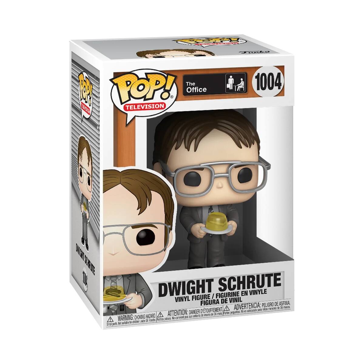 The text on the image is:

"POP! TELEVISION
The Office
1004
DWIGHT SCHRUITE
VINYL FIGURE / FIGURINE EN VINYLE / FIGURA DE VINIL
WARNING: CHOKING HAZARD - SMALL PARTS. NOT FOR CHILDREN UNDER 3 YEARS. ATTENTION: PELIGRO DE ASFIXIA - PEZZI MINUSCOLI. NON IDONEO PER BAMBINI MINORES DI 3 ANNI. ADVERTENCIA: DANGER D'ETOUFFEMENT - PEZZI MINUSCOLI. NO SOBRE 3 ANOS."

Corrected text:

"POP! TELEVISION
The Office
1004
DWIGHT SCHRUITE
VINYL FIGURE / FIGURINE EN VINYLE / FIGURA DE VINIL
WARNING: CHOKING HAZARD - SMALL PARTS. NOT FOR CHILDREN UNDER 3 YEARS. ATTENTION: PELIGRO DE ASFIXIA - PEZZI MINUSCOLI. NON IDONEO PER BAMBINI MINORES DI 3 ANNI. ADVERTENCIA: DANGER D'ETOUFFEMENT - PEZZI MINUSCOL