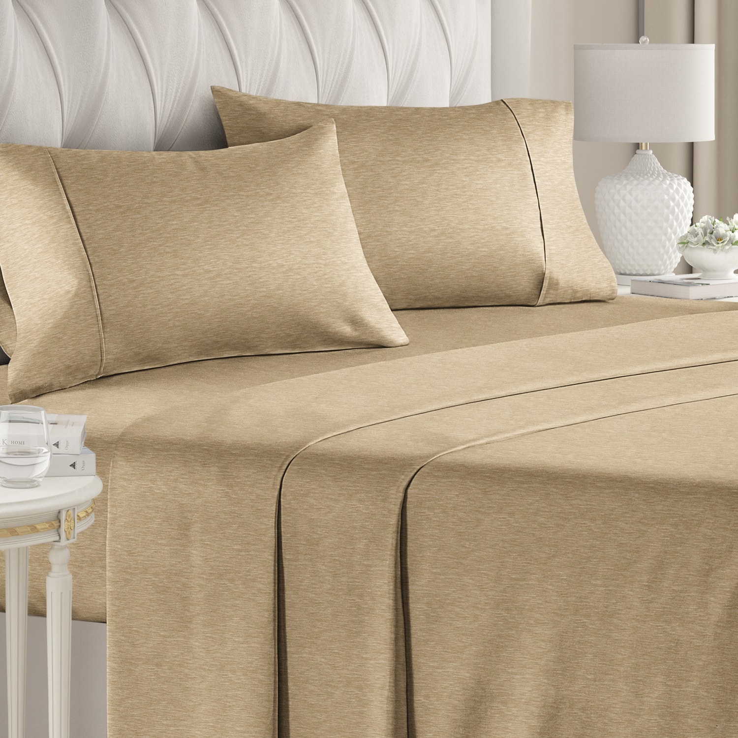 CGK Linens - Luxury Soft 4 Piece Solid Bed Sheet Set - Deep Pocket Fits 8"-16" Mattresses - King - Heathered Tan