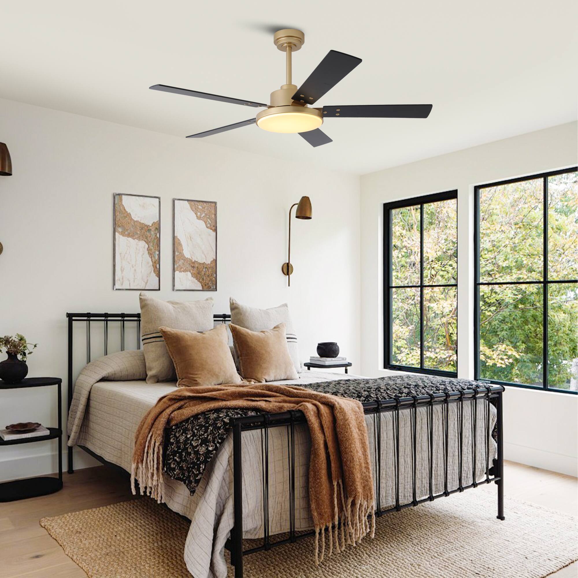 Left. Vaczon - 52" Modern Gold 3CCT Dimmable LED Smart Ceiling Fan with Light and Remote and APP Control, Reversible Blades - Gold.