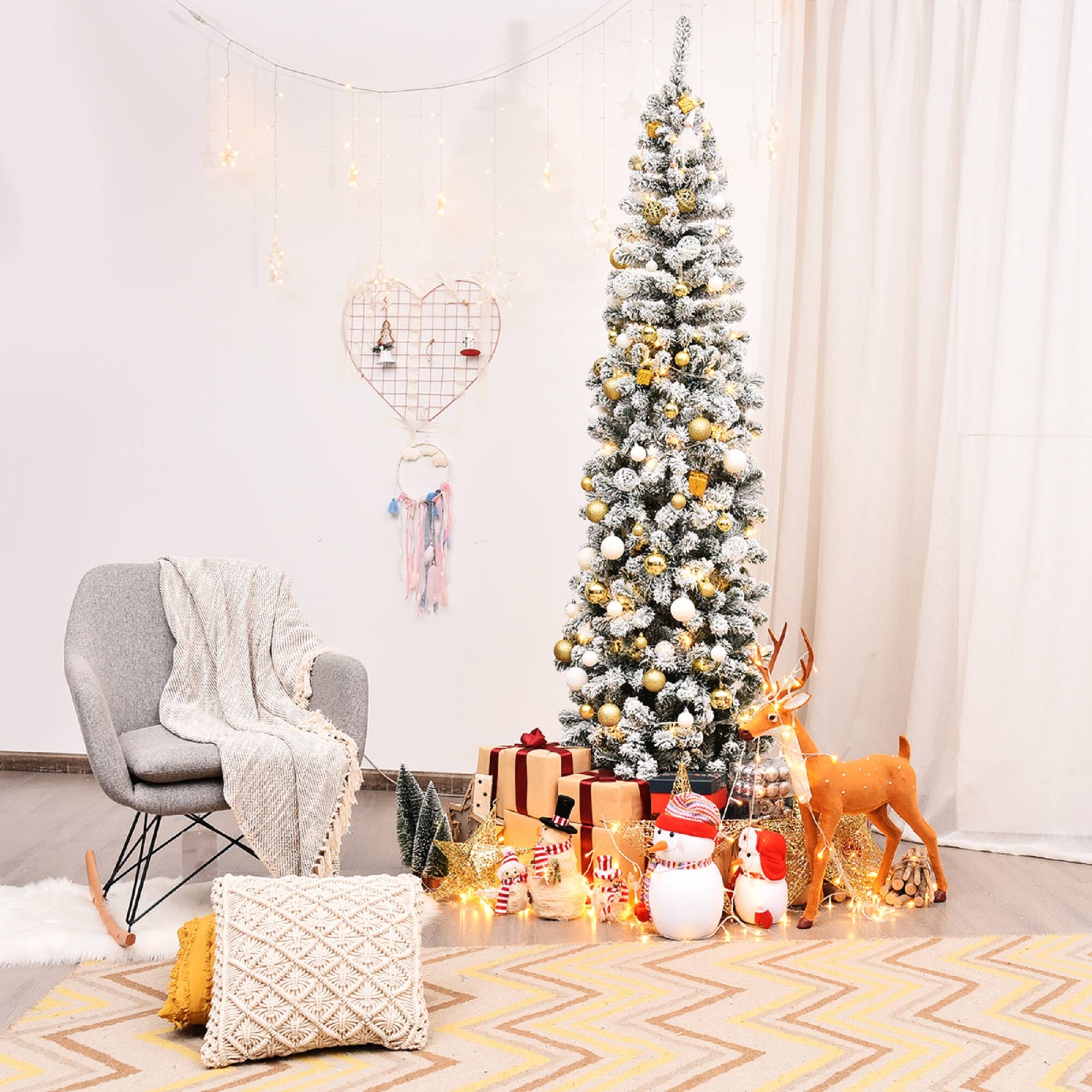 Alt View 20. Costway - 7.5Ft Unlit Hinged Snow Flocked Artificial Pencil Christmas Tree with 641 Tips - Green/White.