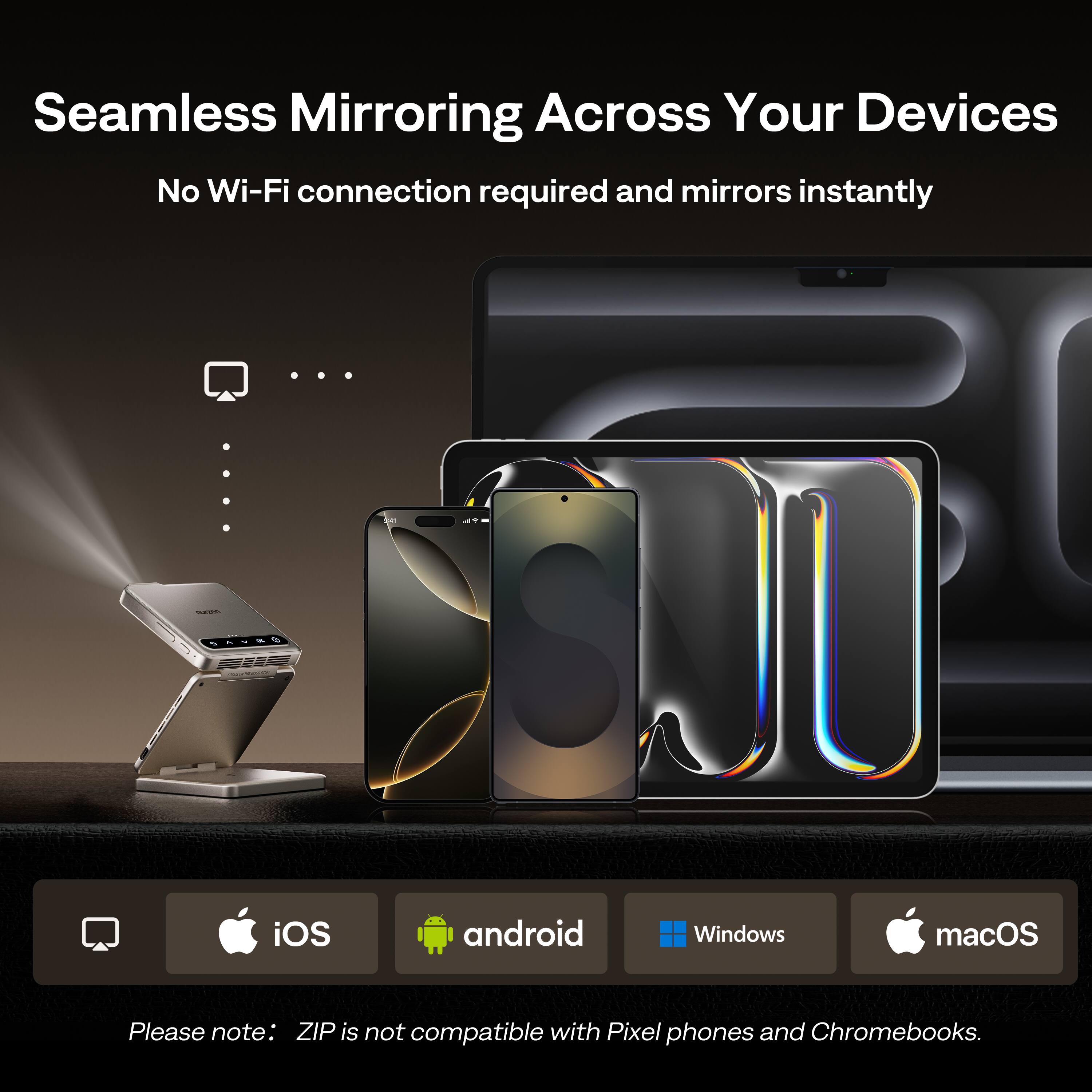 Seamless Mirroring Across Your Devices  
No Wi-Fi connection required and mirrors instantly  

iOS  
android  
Windows  
macOS  

Please note: ZIP is not compatible with Pixel phones and Chromebooks.