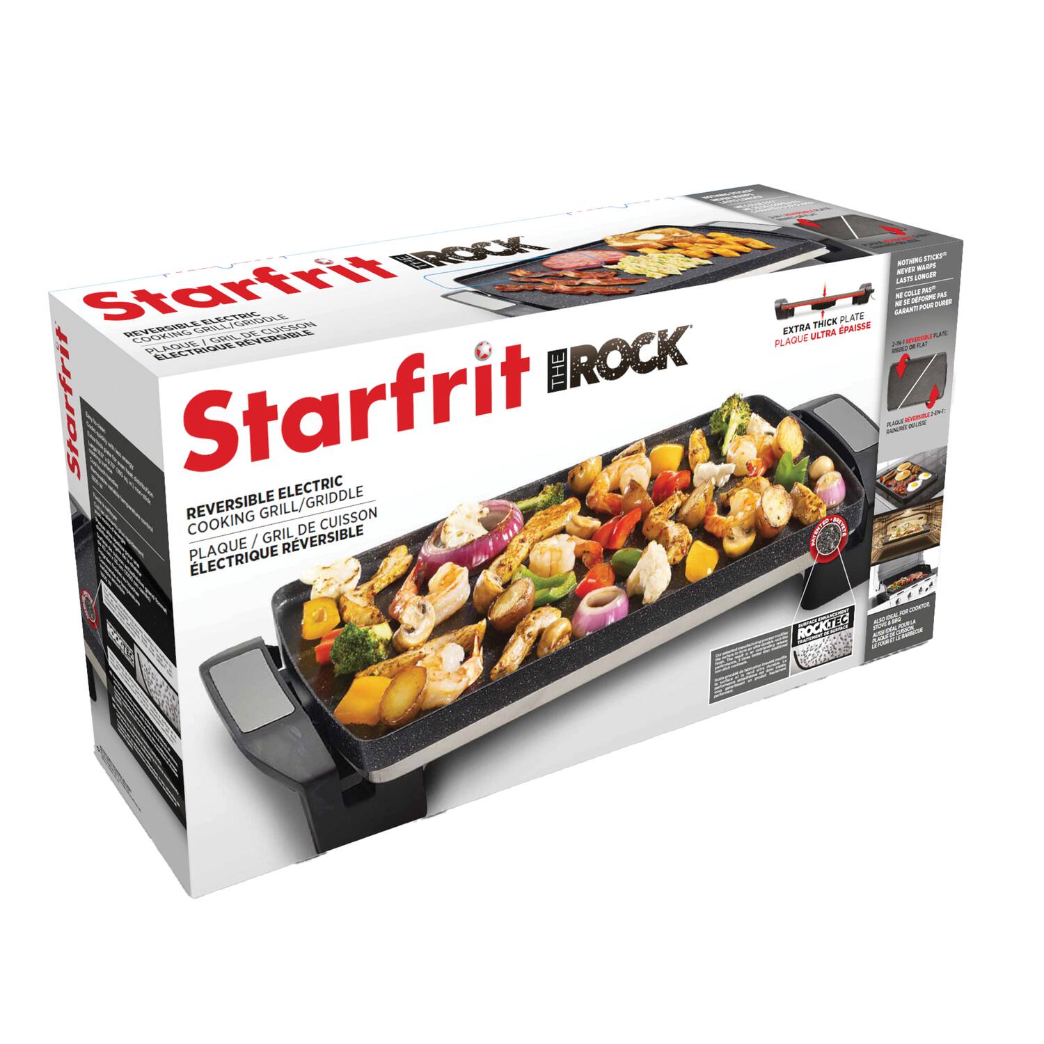 Starfrit  
The Rock  

Reversible Electric  
Cooking Grill/Griddle  
Plaque / Gril de cuisson  
Électrique Reversible  

Extra Thick Plate  
Plaque Ultra Épaisse  

Rocky's  
Flavor Infused  
Grill Stone