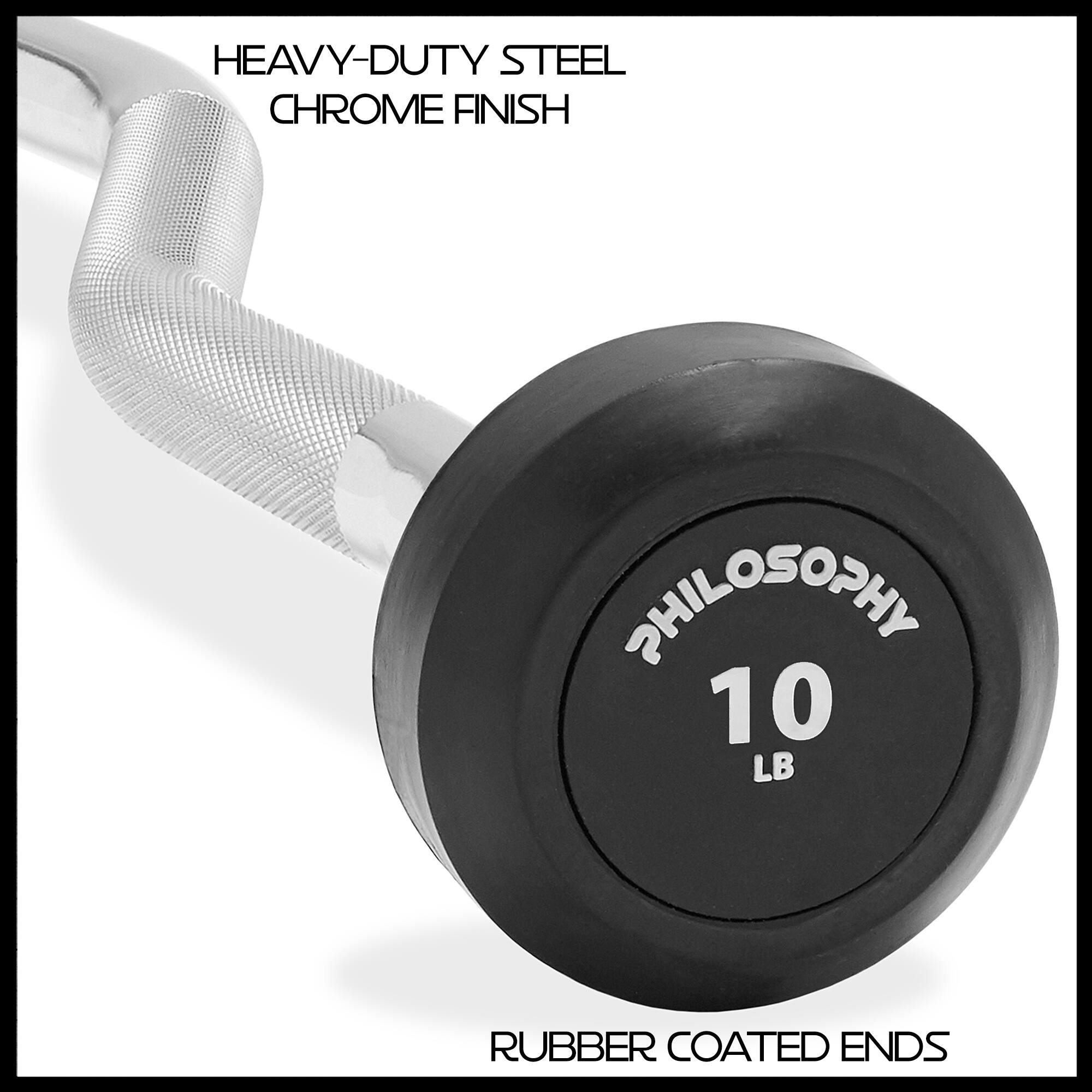 HEAVY-DUTY STEEL  
CHROME FINISH  

PHILOSOPHY  
10 LB  

RUBBER COATED ENDS