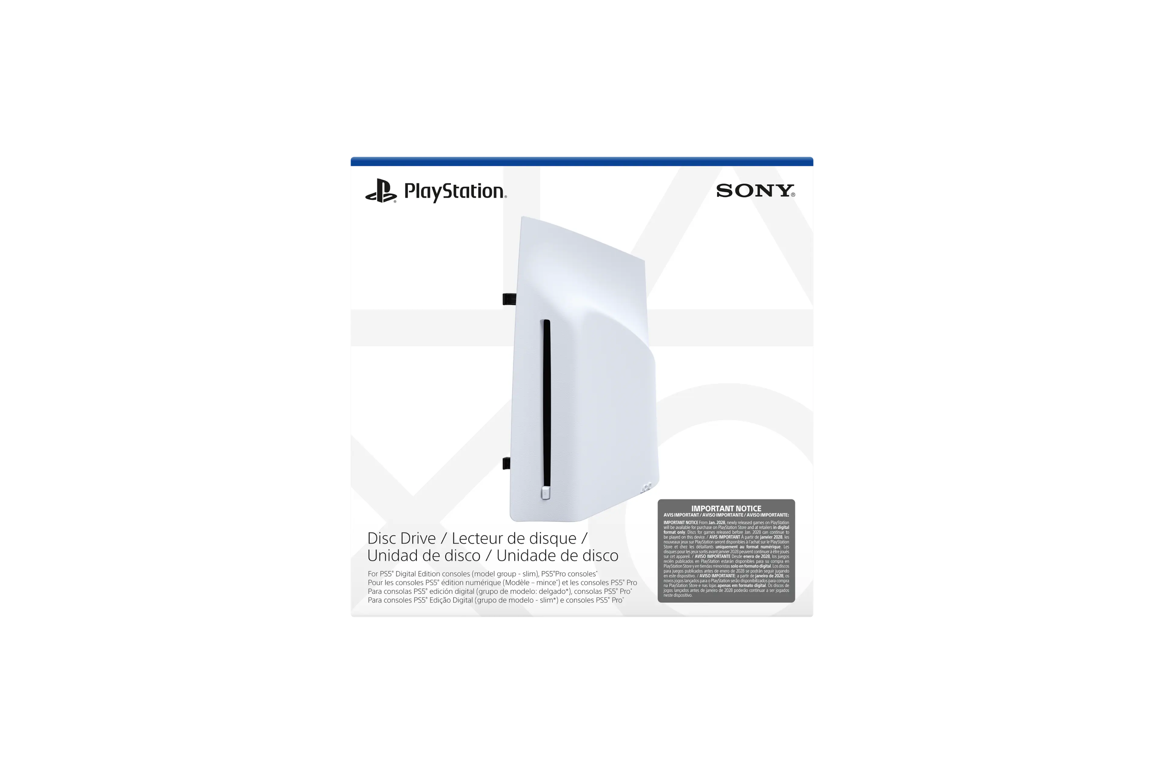PlayStation. SONY. Disc Drive / Lecteur de disque / Unidad de disco / Unidade de disco For PS5 Digital Edition consoles model group slim] PAYPI consoles Pour les consoles PS5 édition numérique Modele mince ot les consoles PS5 Pro Para consolas PS5 edición digital grupo de modelo delgado* consolas PS5 PNS Para consoles PS5" Edición Digital grupo de modelo slim?  consoles PUS PAy IMPORTANT NOTICE