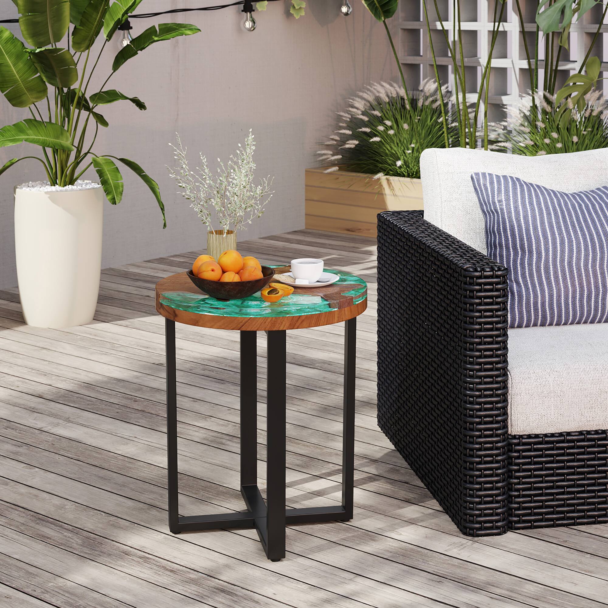 Alt View 3. Gymax - Gymax 20'' Round Teak Wood End Table Solid Live Edge Outdoor Side Table w/ Mahogany Base - Brown, Green.