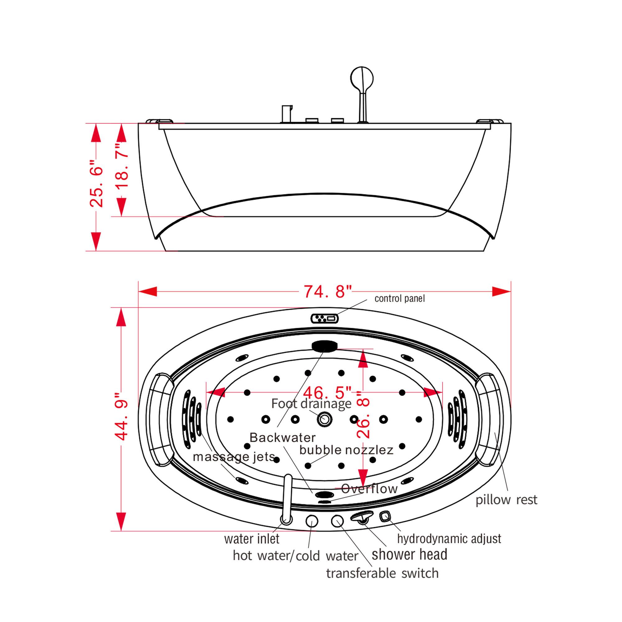 6" 25. 7" 18. 74. 8" control panel NO 9" 44 46. 5" Foot drainage 8 Backwater 2 bubble nozzles massage jets Overflow pillow rest water inlet hydrodynamic adjust hot water/cold water shower head transferable switch
